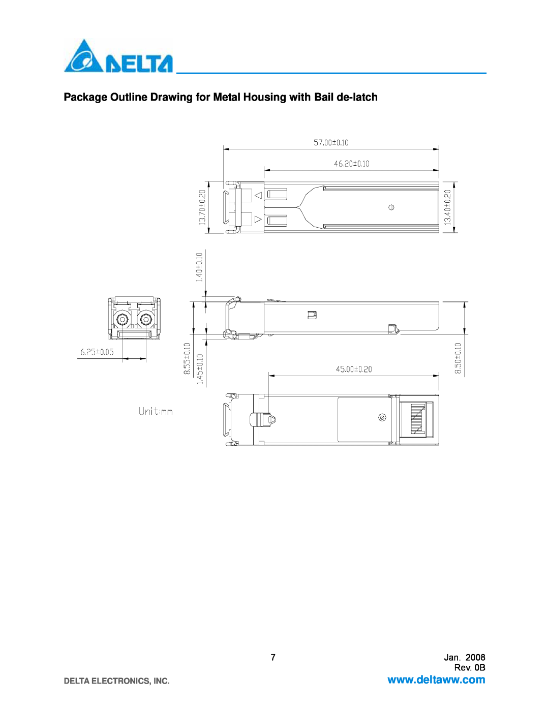 Delta Electronics LCP-155B4MSRx manual Package Outline Drawing for Metal Housing with Bail de-latch, Rev. 0B 