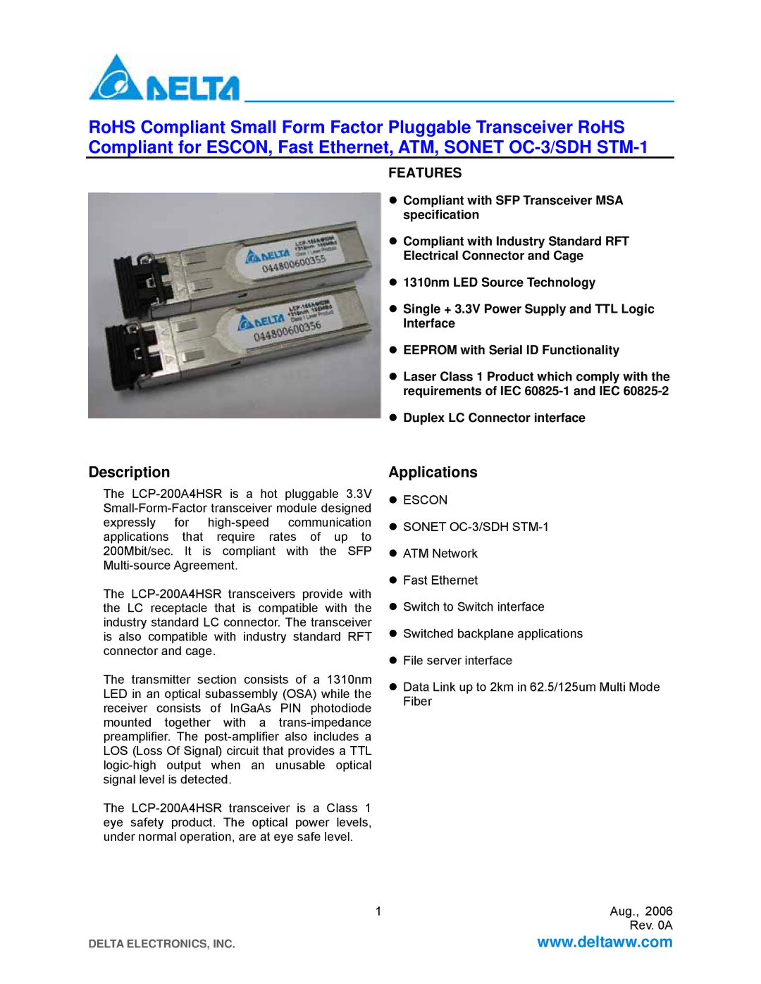 Delta Electronics LCP-200A4HSR manual Description, Applications, Escon Sonet OC-3/SDH STM-1 