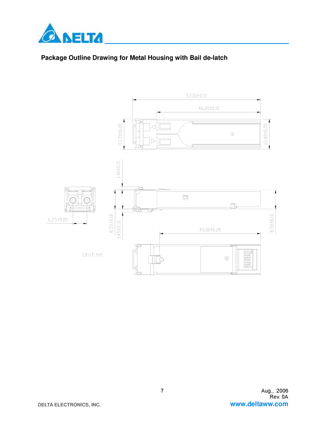 Delta Electronics LCP-200A4HSR manual Package Outline Drawing for Metal Housing with Bail de-latch 