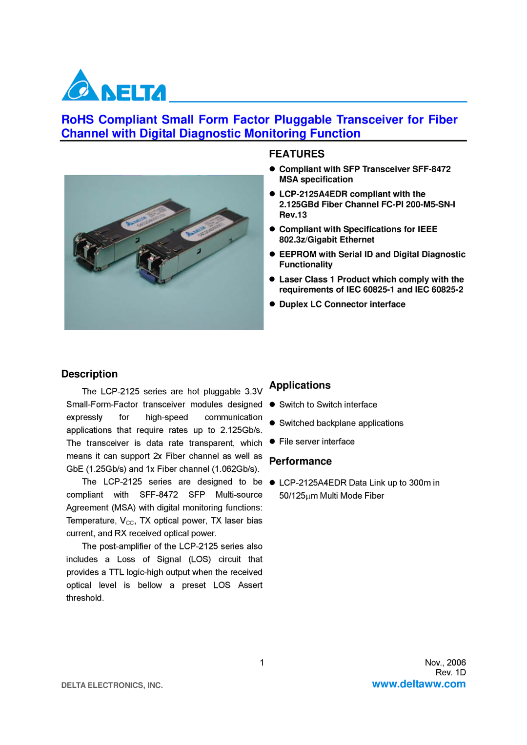 Delta Electronics LCP-2125 specifications Description, Applications, Performance, Duplex LC Connector interface 