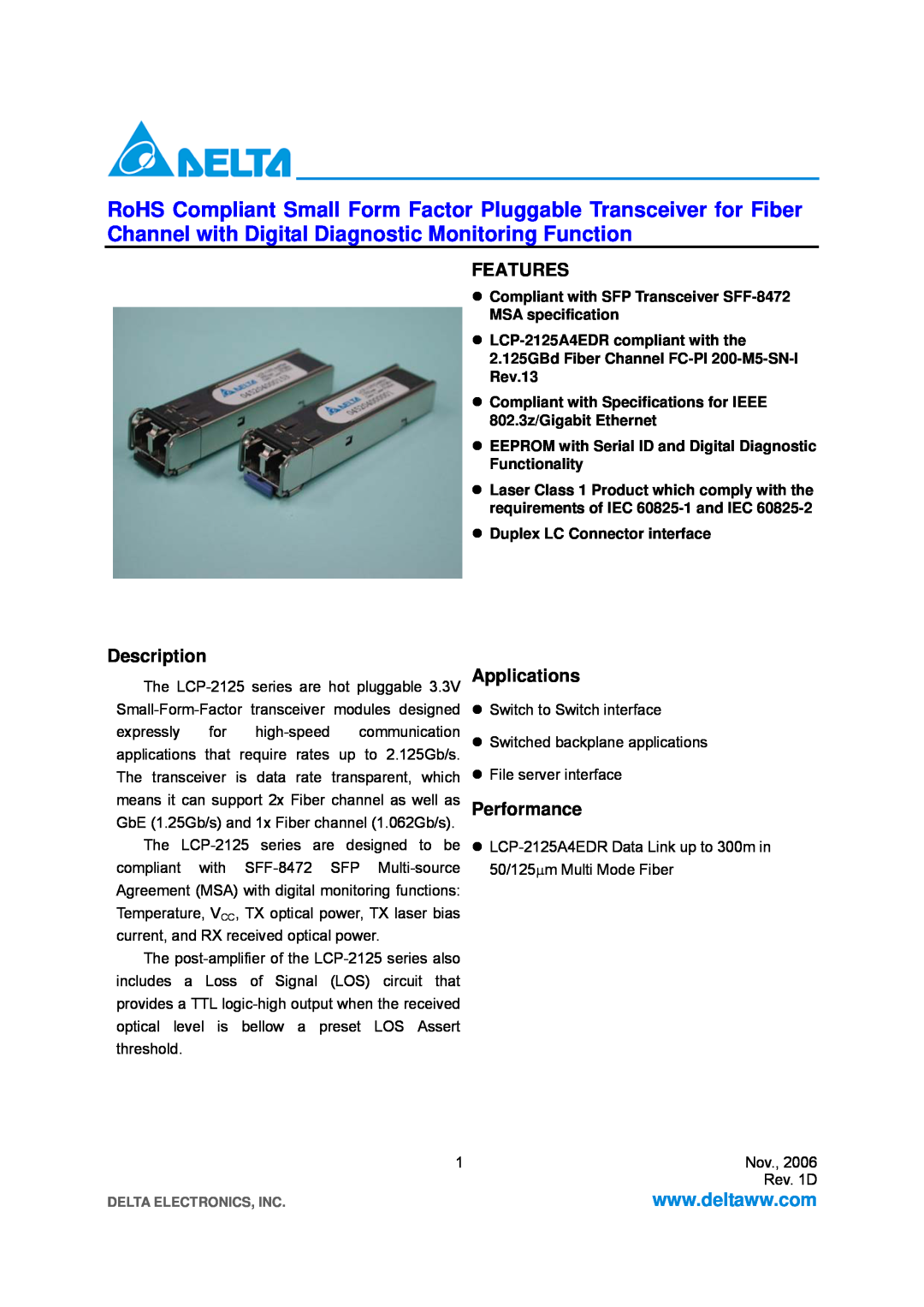 Delta Electronics LCP-2125 specifications Features, Description, Applications, Performance 