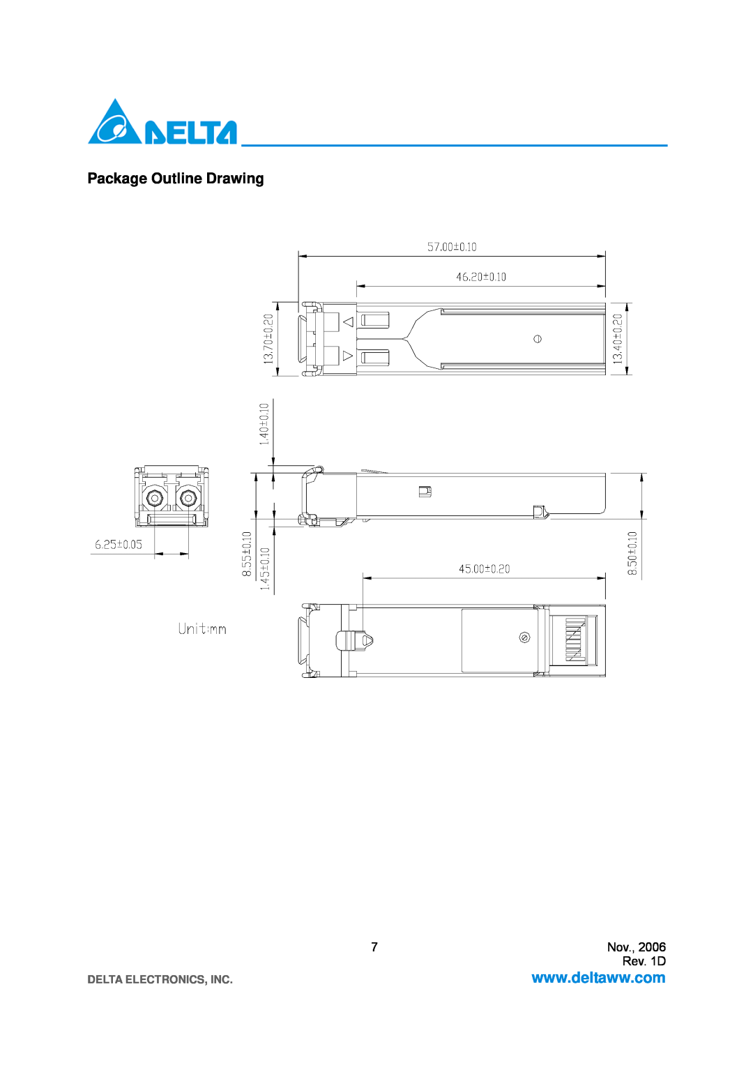 Delta Electronics LCP-2125 specifications Package Outline Drawing, Rev. 1D, Delta Electronics, Inc 