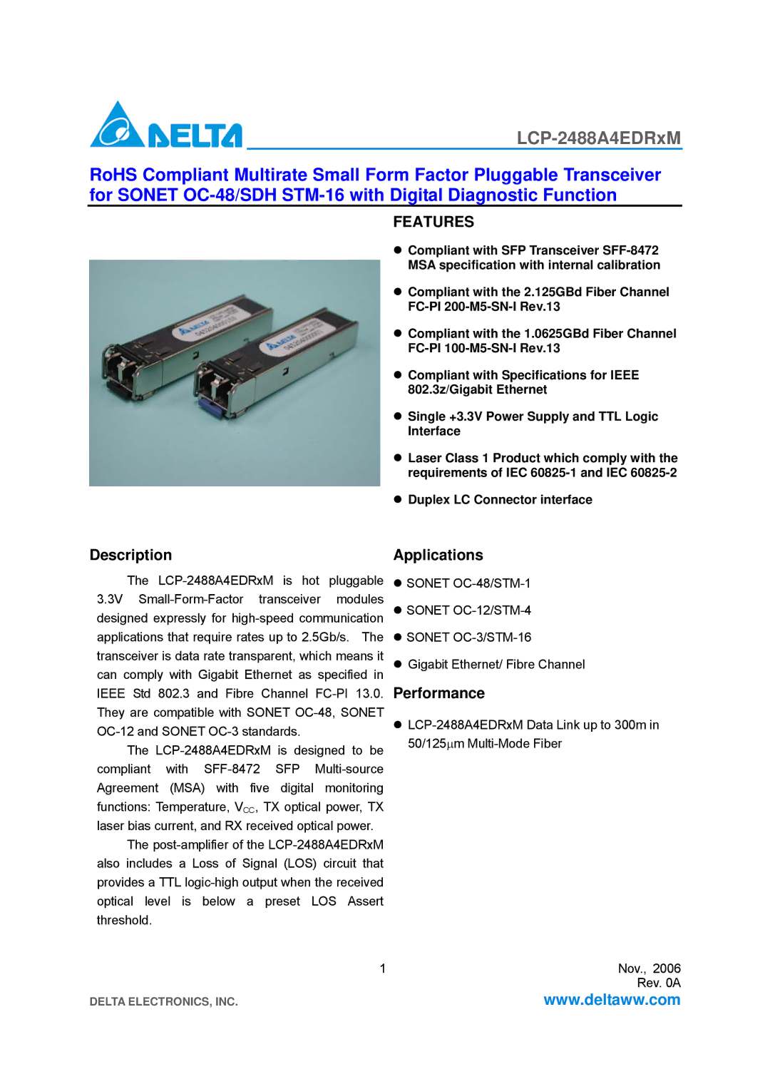 Delta Electronics LCP-2488A4EDRxM specifications Description, Duplex LC Connector interface 