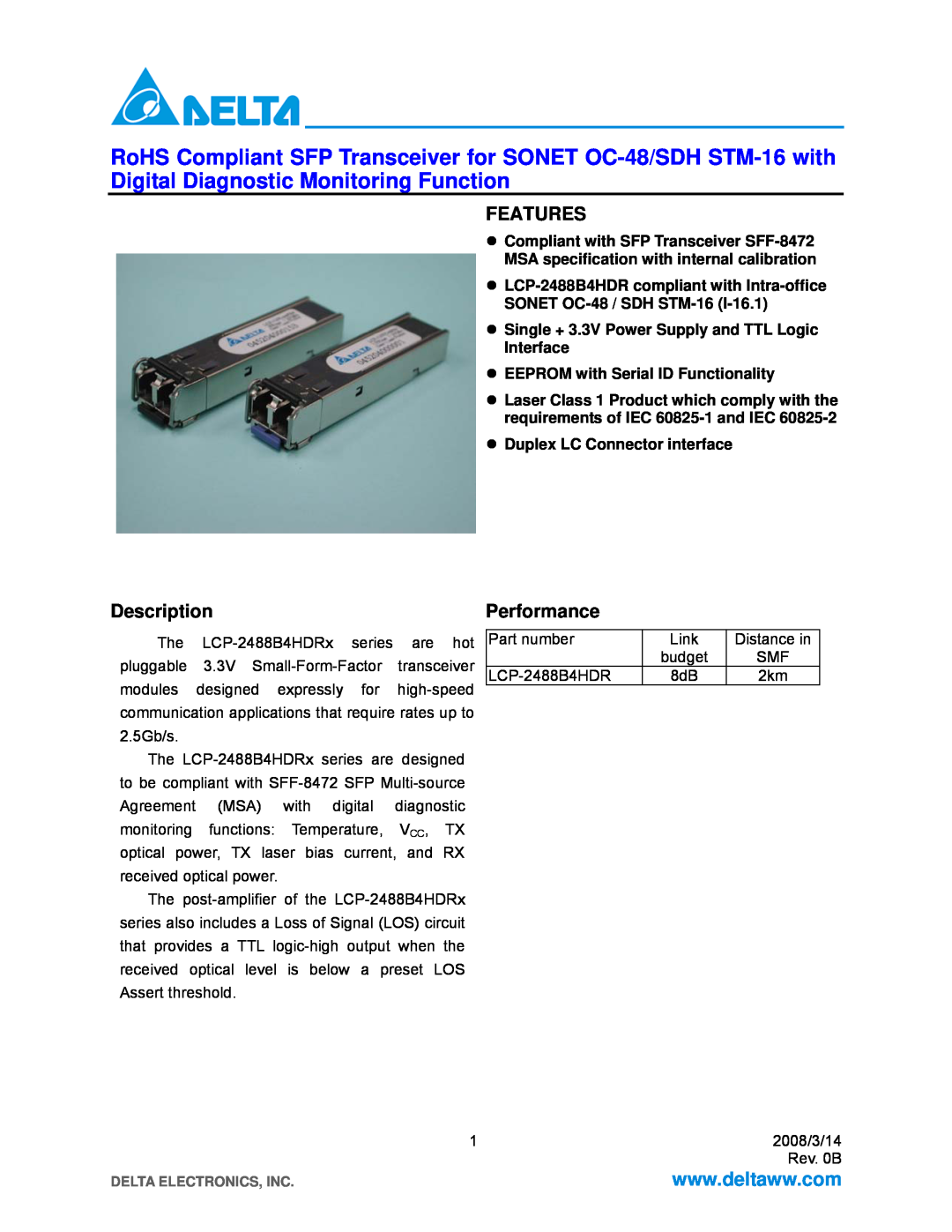 Delta Electronics LCP-2488B4HDRx manual Features, Description, Performance, z Compliant with SFP Transceiver SFF-8472 