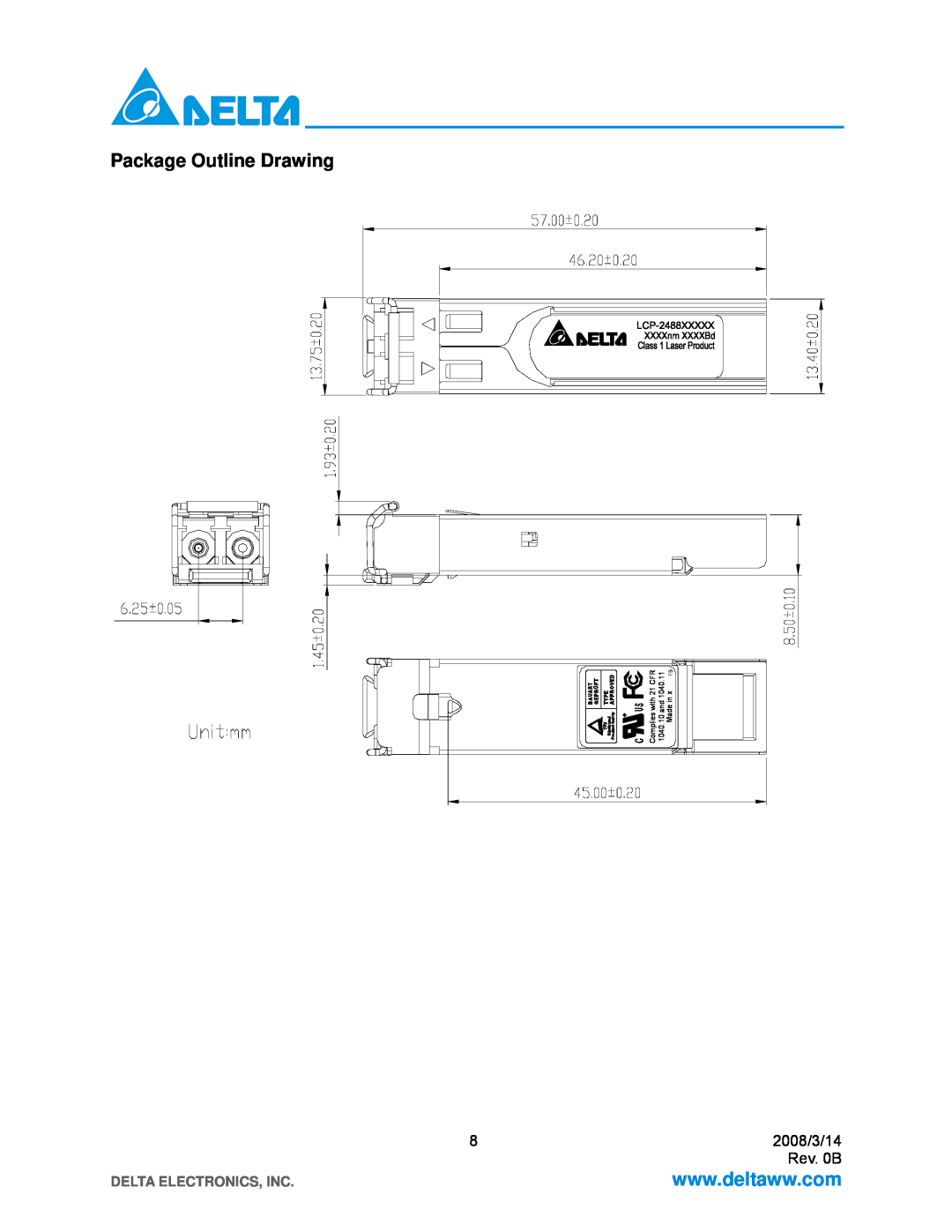 Delta Electronics LCP-2488B4HDRx manual Package Outline Drawing, Delta Electronics, Inc 