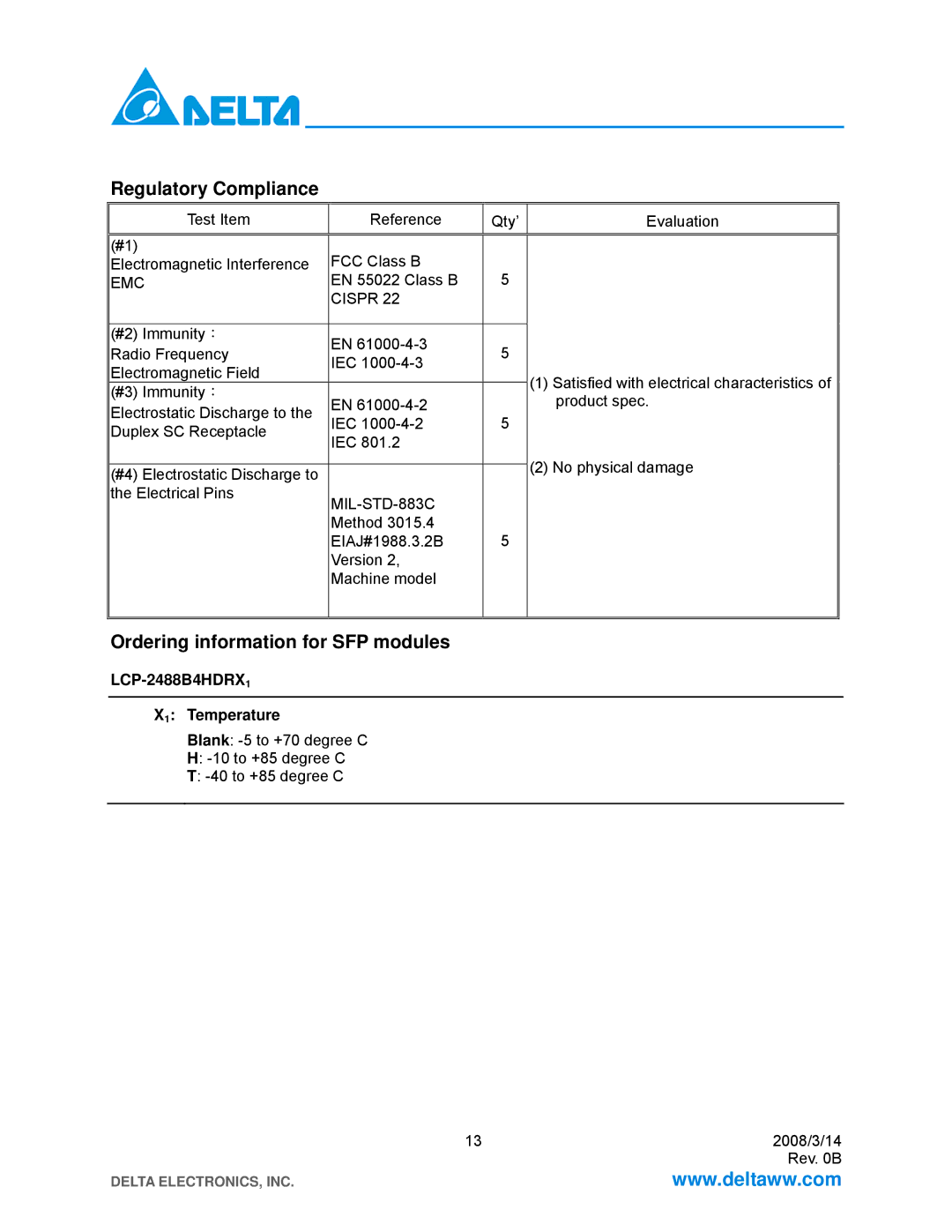 Delta Electronics LCP-2488B4HDRx manual Regulatory Compliance, Ordering information for SFP modules, X1 Temperature 