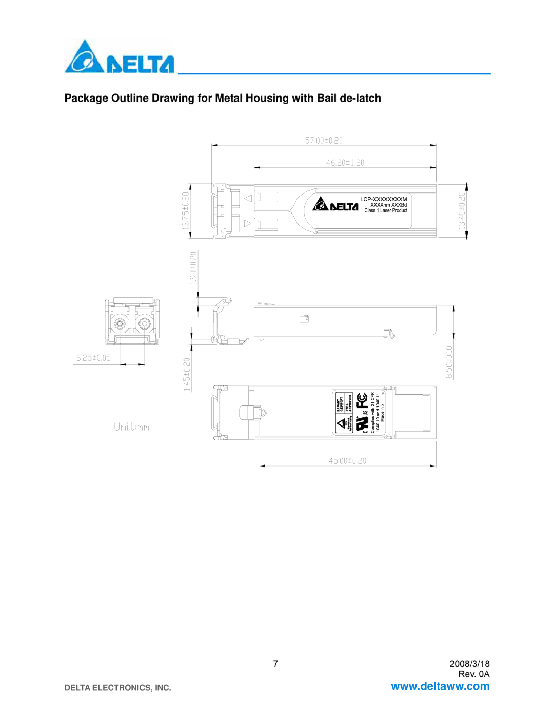 Delta Electronics LCP-4250A4CDR manual Package Outline Drawing for Metal Housing with Bail de-latch 