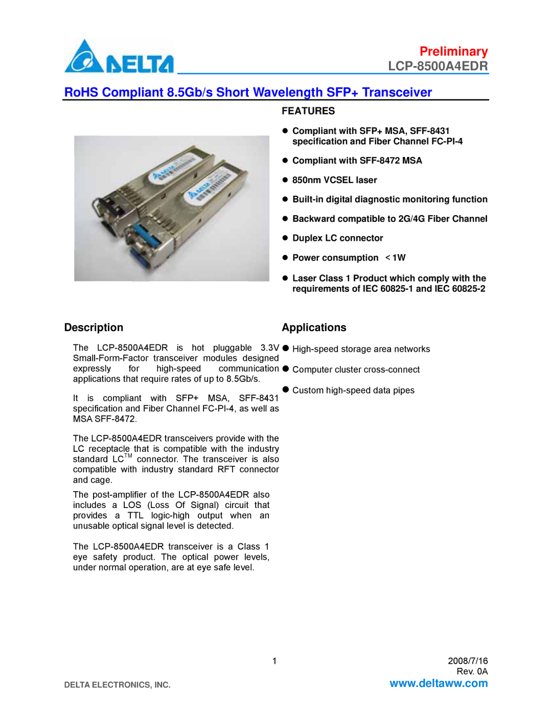 Delta Electronics LCP-8500A4EDR manual Description Applications 