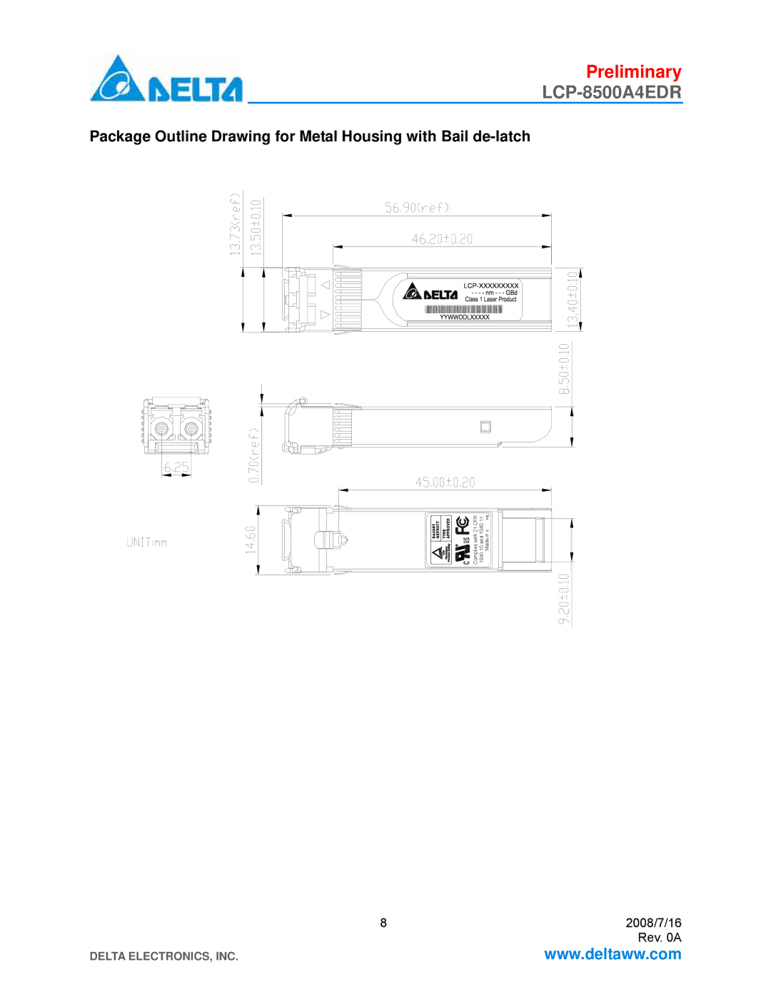 Delta Electronics LCP-8500A4EDR manual Package Outline Drawing for Metal Housing with Bail de-latch 