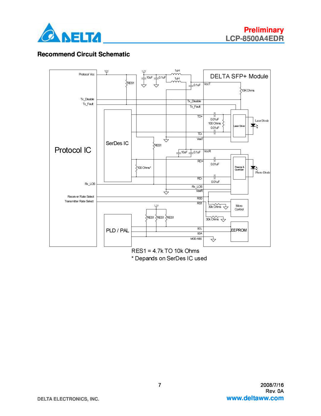 Delta Electronics LCP-8500A4EDR manual Recommend Circuit Schematic, Protocol IC, Preliminary, DELTA SFP+ Module, SerDes IC 