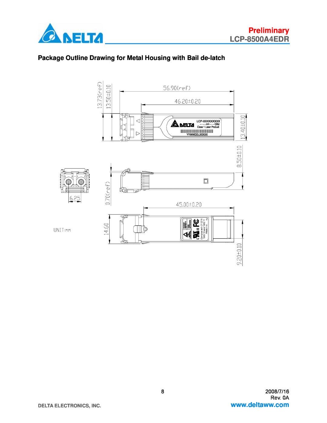 Delta Electronics LCP-8500A4EDR manual Package Outline Drawing for Metal Housing with Bail de-latch, Preliminary 