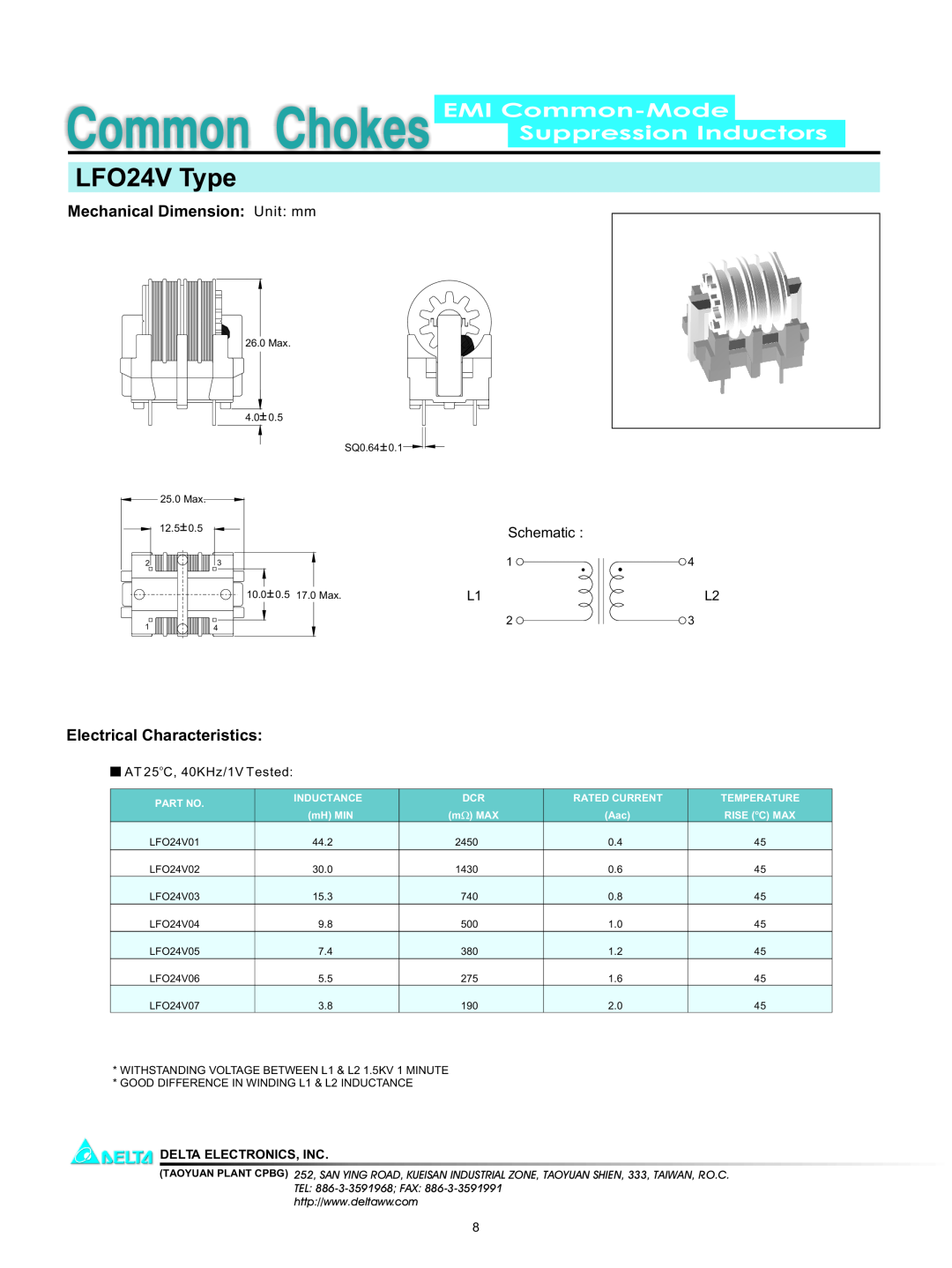 Delta Electronics manual LFO24V Type, EMI Common-Mode Suppression Inductors, Mechanical Dimension Unit mm, Schematic 