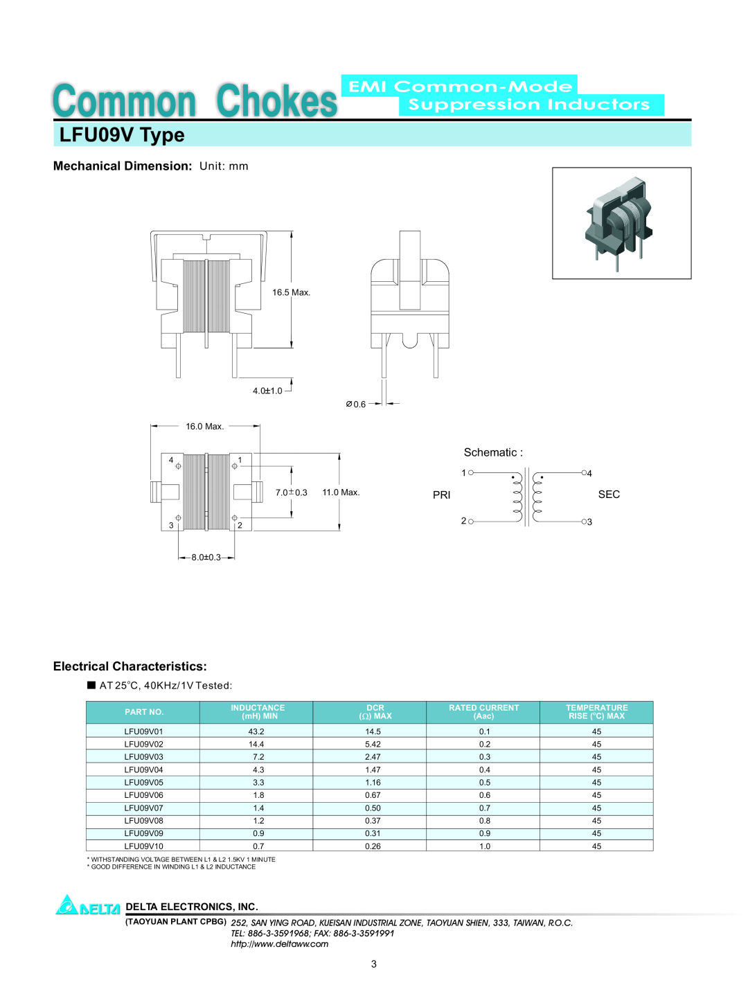 Delta Electronics manual LFU09V Type, EMI Common-Mode Suppression Inductors, Mechanical Dimension Unit mm, Schematic 