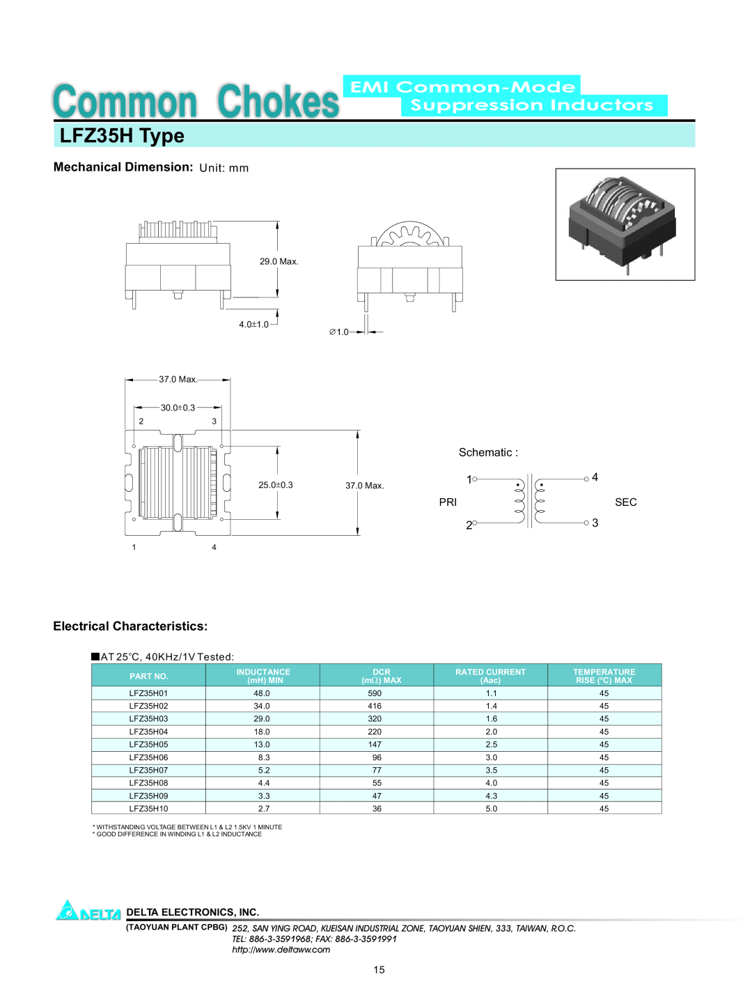 Delta Electronics dimensions LFZ35H Type, EMI Common-Mode Suppression Inductors, Mechanical Dimension Unit mm, mH MIN 