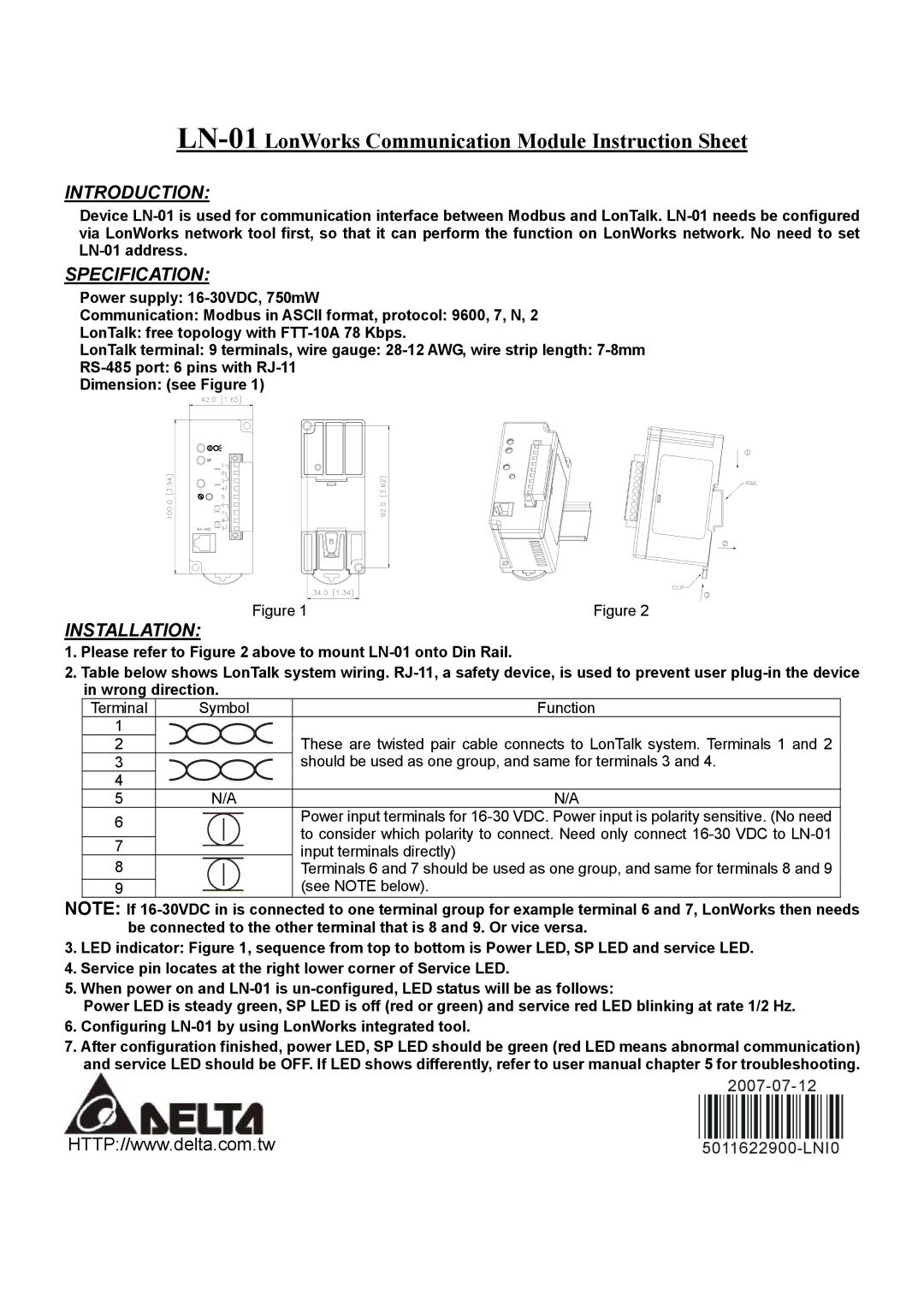 Delta Electronics instruction sheet LN-01LonWorks Communication Module Instruction Sheet, Introduction, Specification 