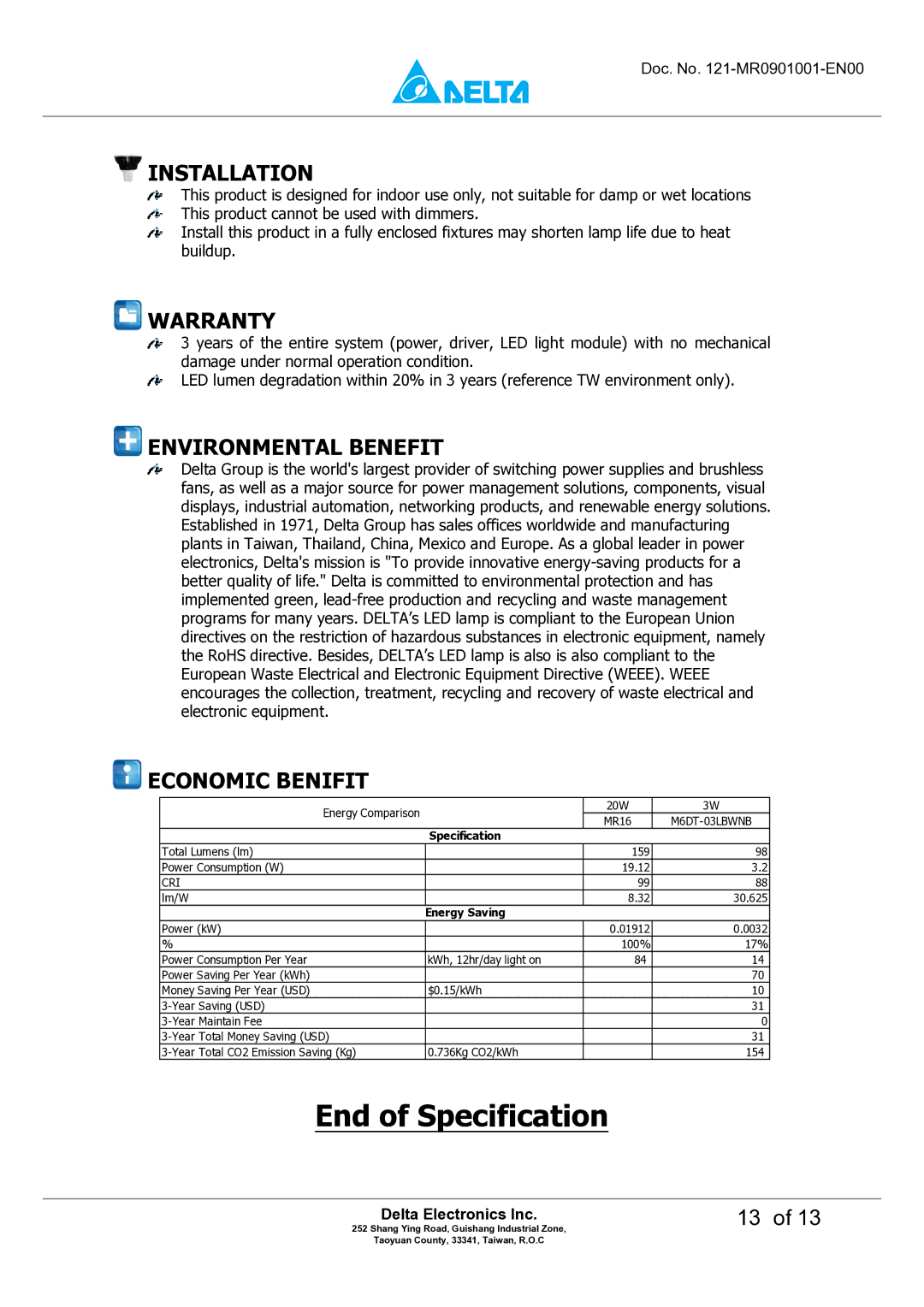 Delta Electronics M6DT-03LB manual Installation, Warranty, Environmental Benefit, Economic Benifit 