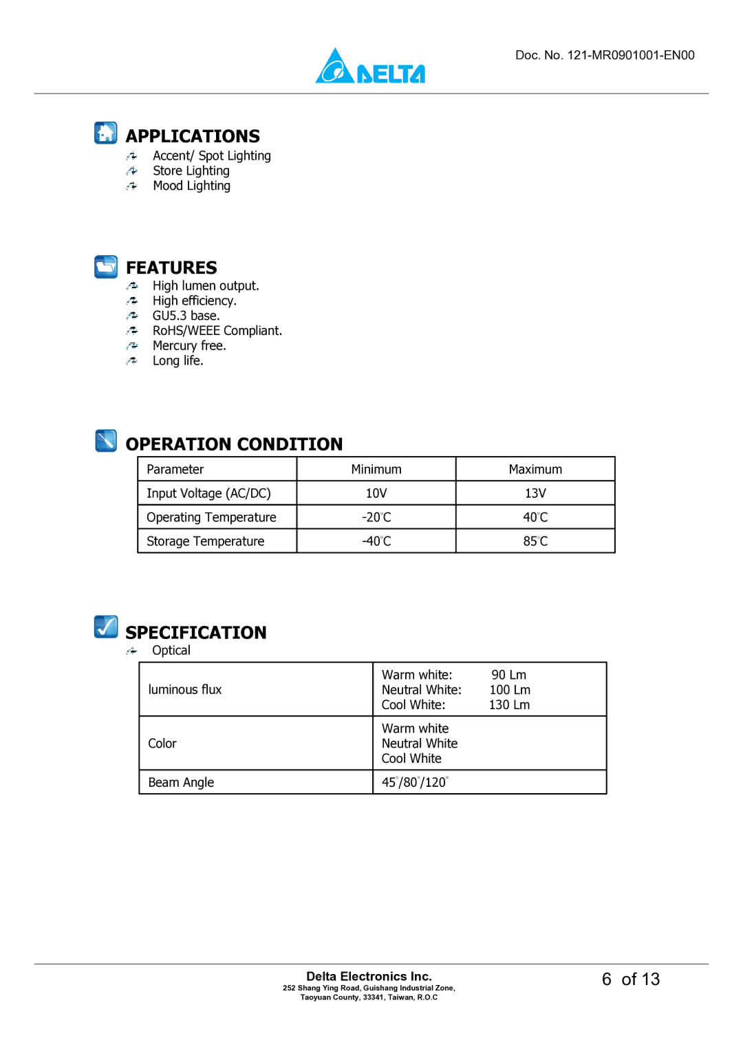 Delta Electronics M6DT-03LB manual Applications, Features, Operation Condition, Specification 