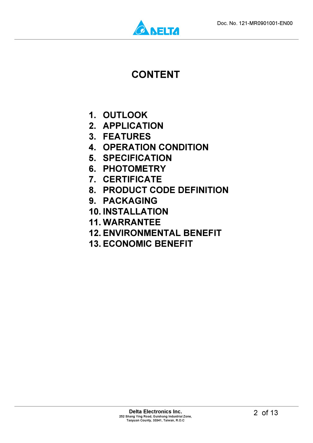 Delta Electronics M6DT-03LB manual Content, 2 of, Delta Electronics Inc, OUTLOOK 2.APPLICATION 3.FEATURES 