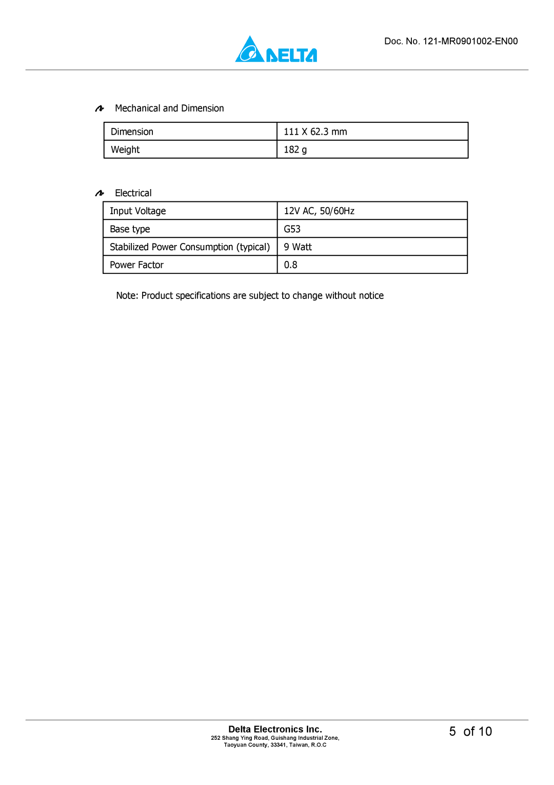 Delta Electronics MADT-09LD manual Delta Electronics Inc 