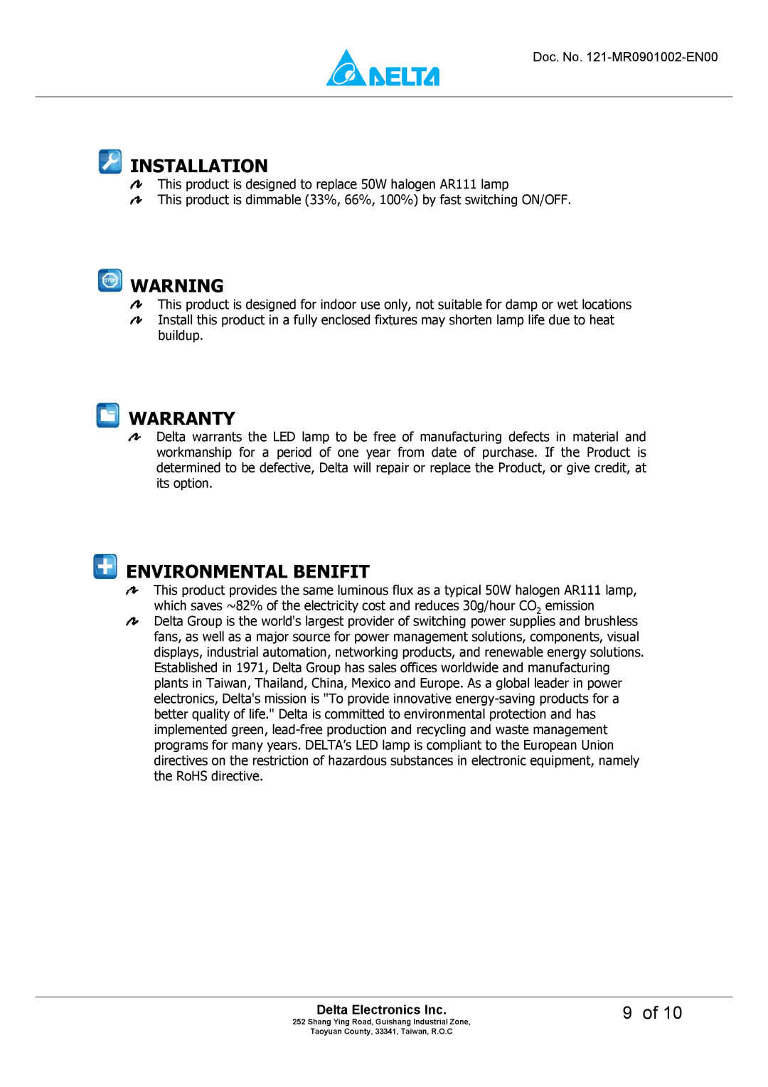 Delta Electronics MADT-09LD manual Installation, Warranty, Environmental Benifit 
