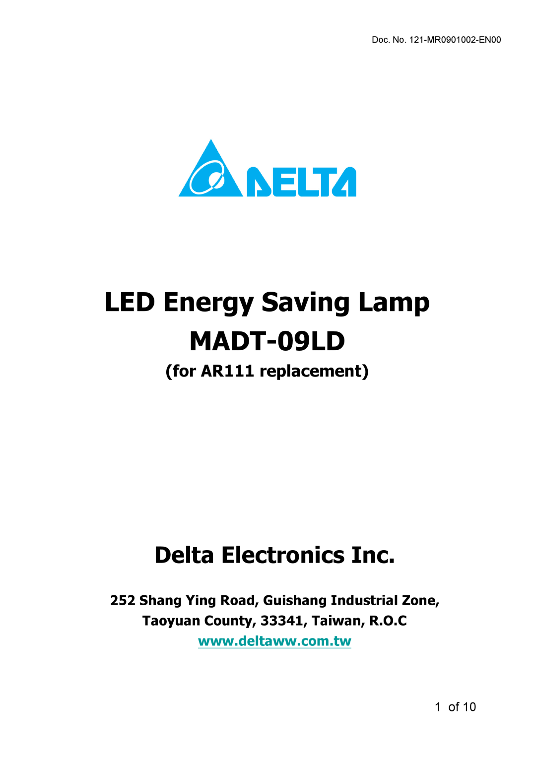 Delta Electronics manual 1 of, LED Energy Saving Lamp MADT-09LD, Delta Electronics Inc, for AR111 replacement 