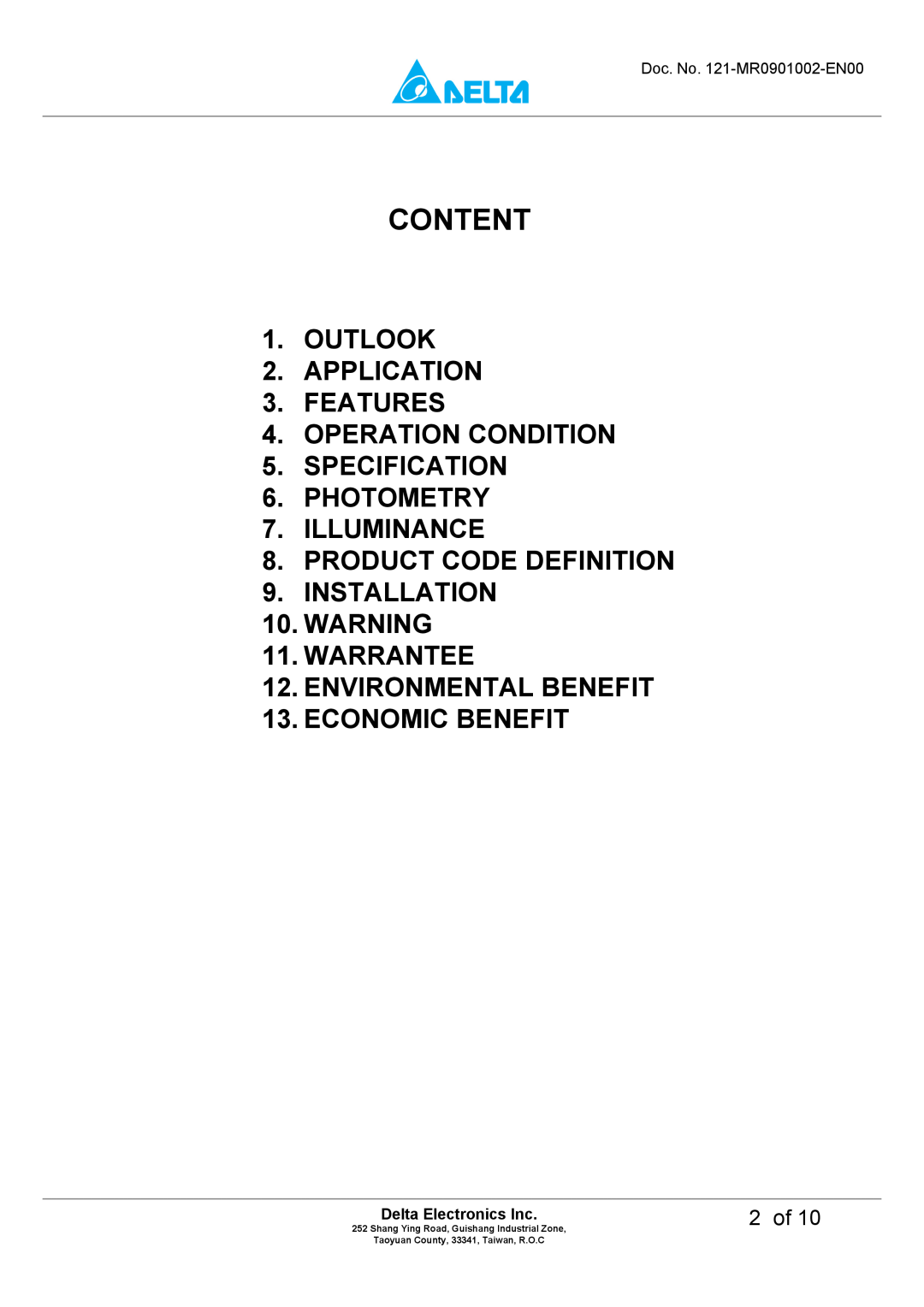 Delta Electronics MADT-09LD manual Content, 2 of, Delta Electronics Inc, OUTLOOK 2.APPLICATION 3.FEATURES, Economic Benefit 