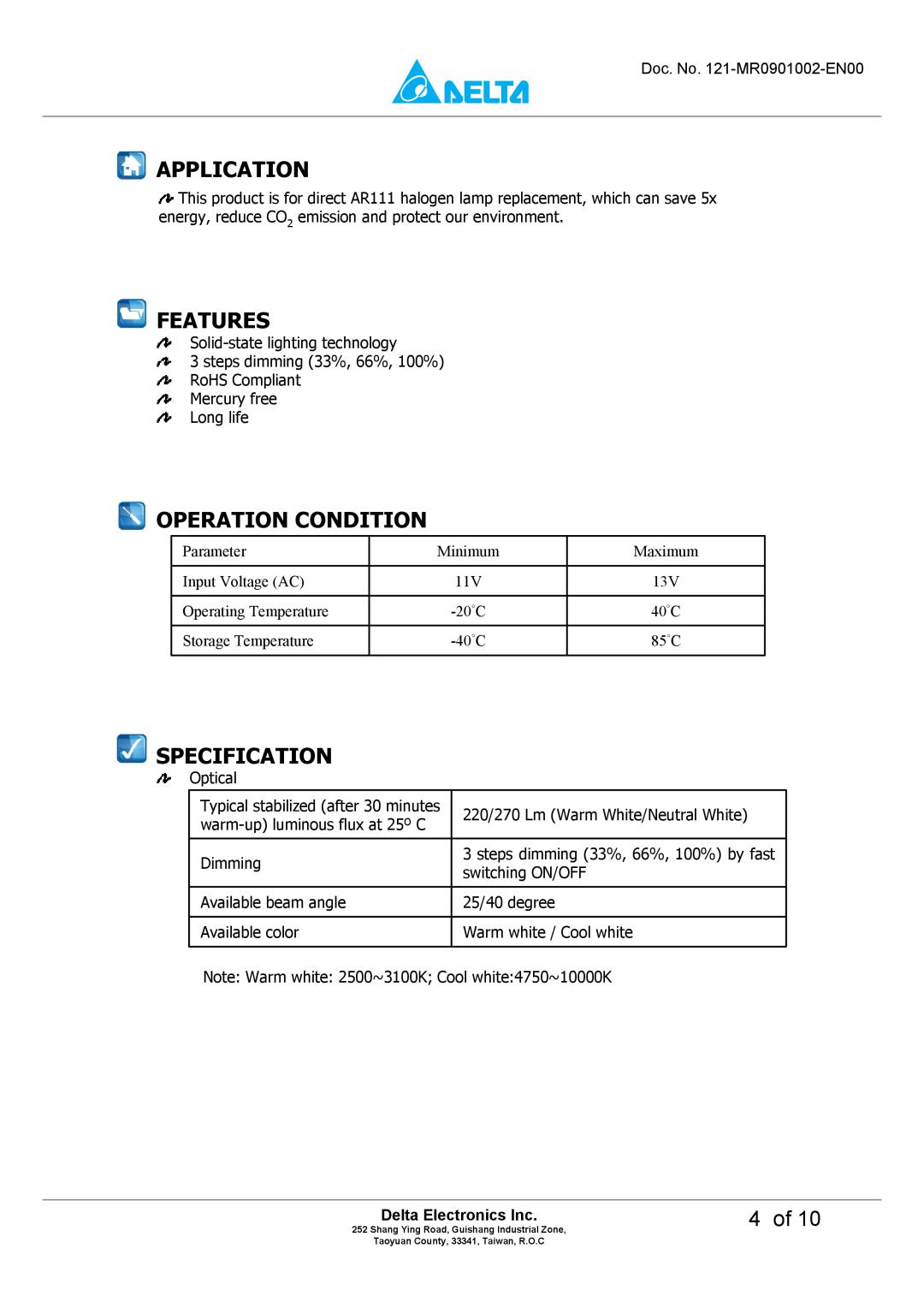 Delta Electronics MADT-09LD manual Application, Features, Operation Condition, Specification, 4 of, Delta Electronics Inc 