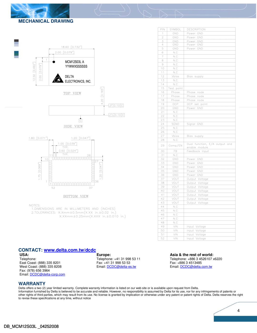 Delta Electronics Mechanical Drawing, Warranty, DBMCM12S03L, Europe, Asia & the rest of world, Email DCDC@delta-es.tw 