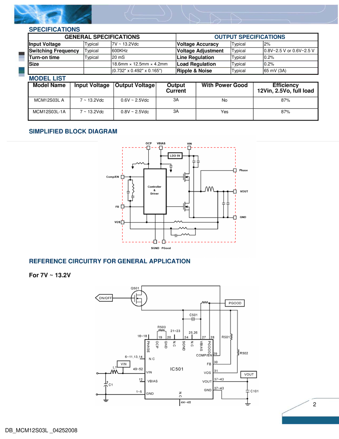 Delta Electronics MCM12S03L manual Specifications, Model List 