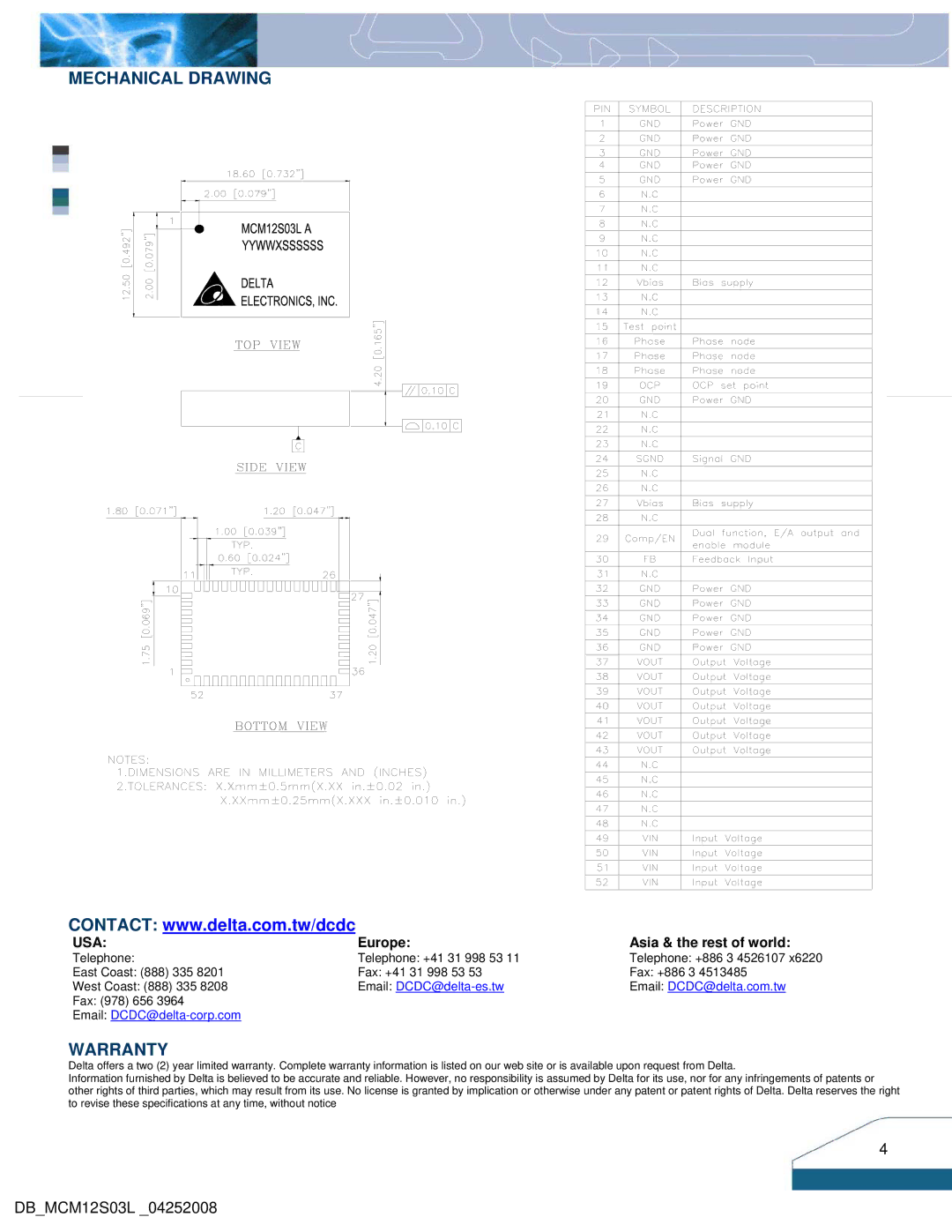 Delta Electronics MCM12S03L manual Mechanical Drawing, Warranty 