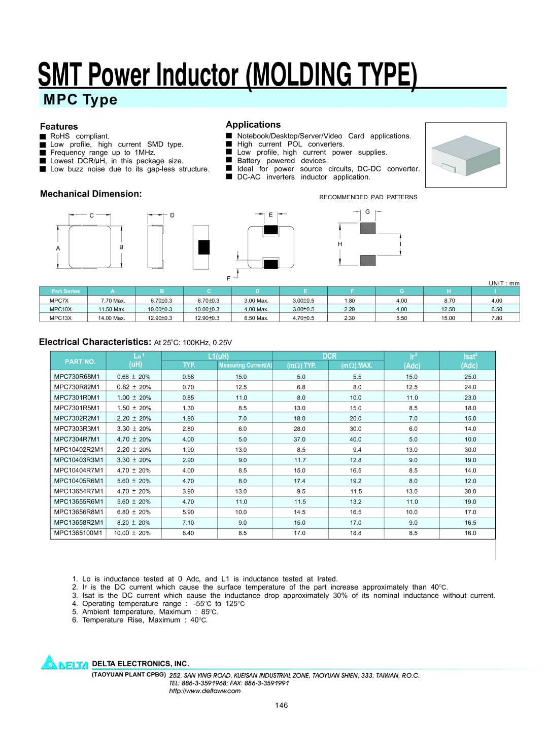 Delta Electronics MPC13X manual SMT Power Inductor MOLDING TYPE, MPC Type, Features, Mechanical Dimension, Applications 