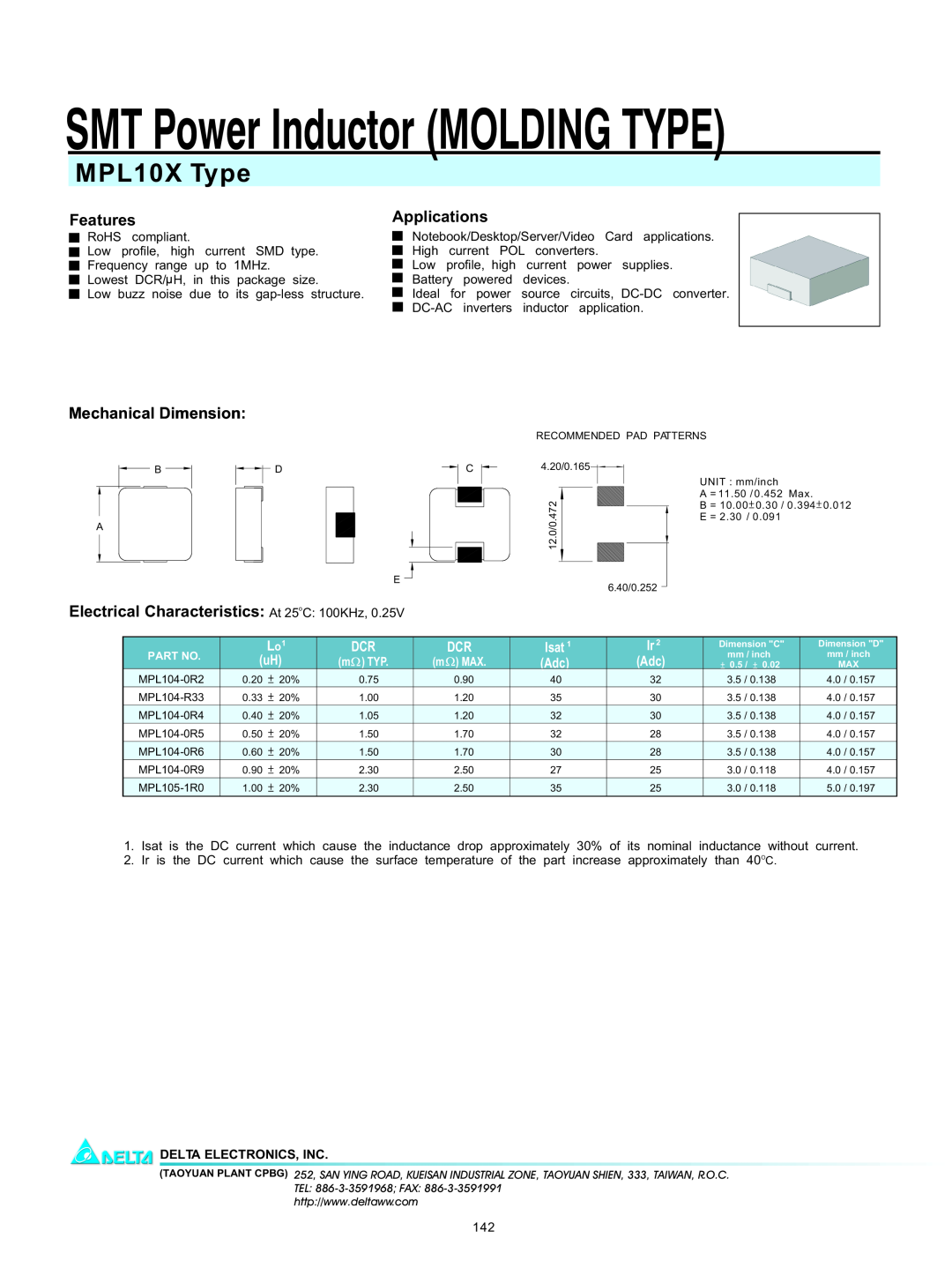 Delta Electronics manual SMT Power Inductor MOLDING TYPE, MPL10X Type, Features, Mechanical Dimension, Applications 