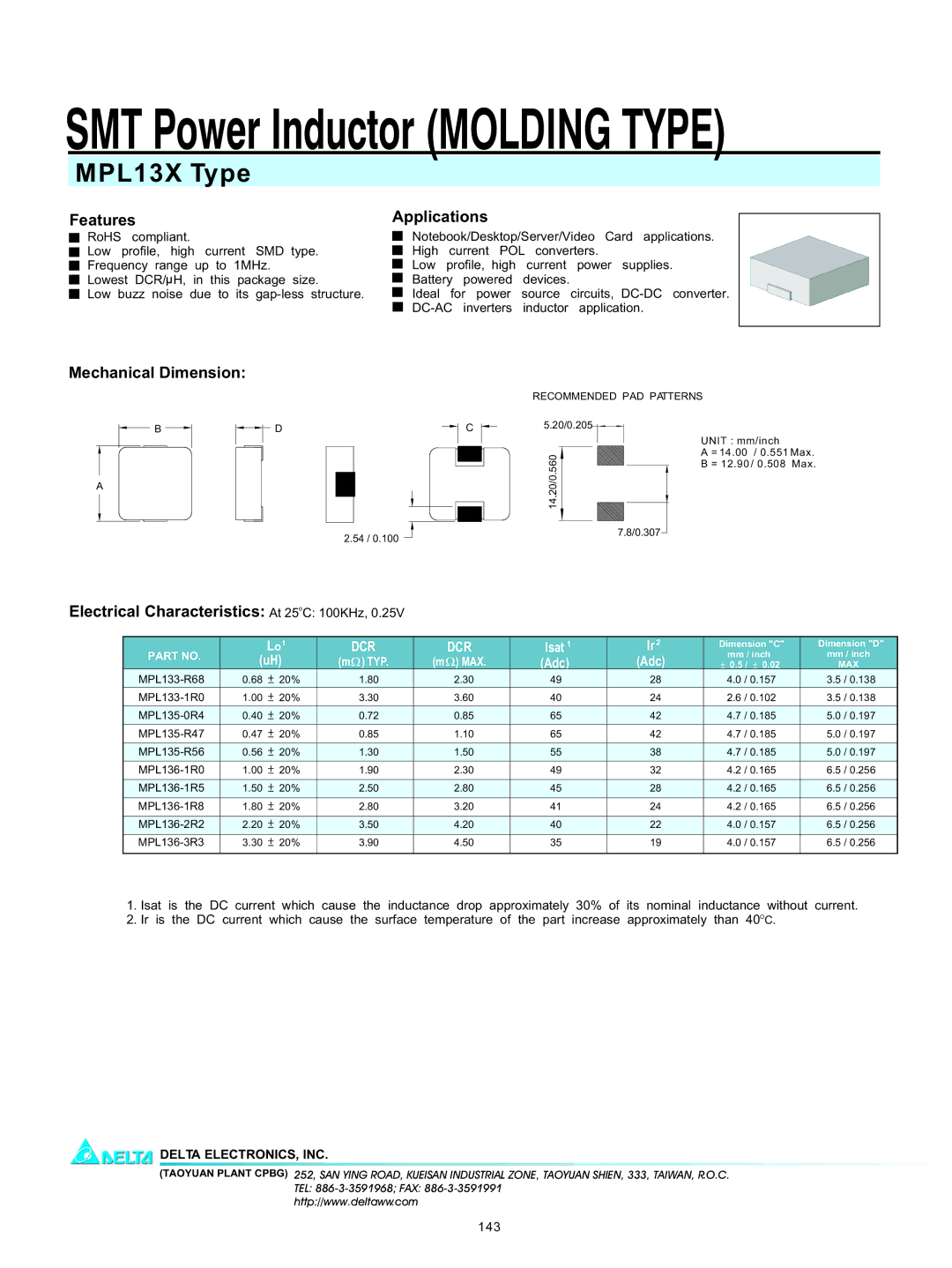 Delta Electronics manual SMT Power Inductor Molding Type, MPL13X Type 