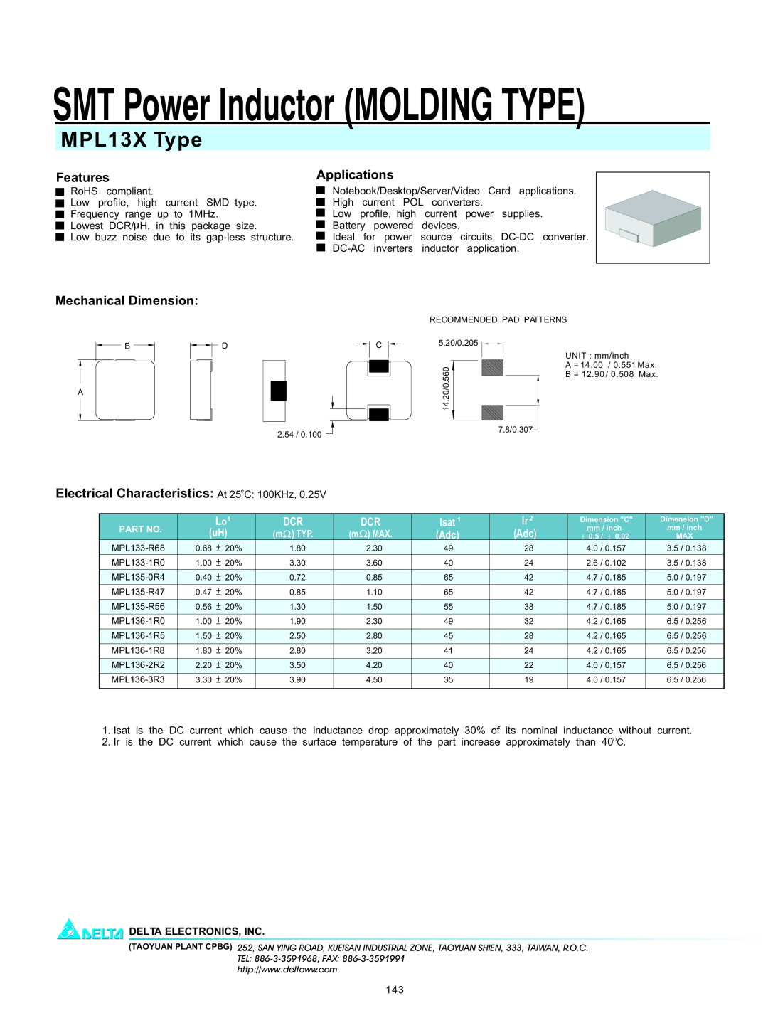 Delta Electronics manual SMT Power Inductor MOLDING TYPE, MPL13X Type, Features, Applications, Mechanical Dimension 
