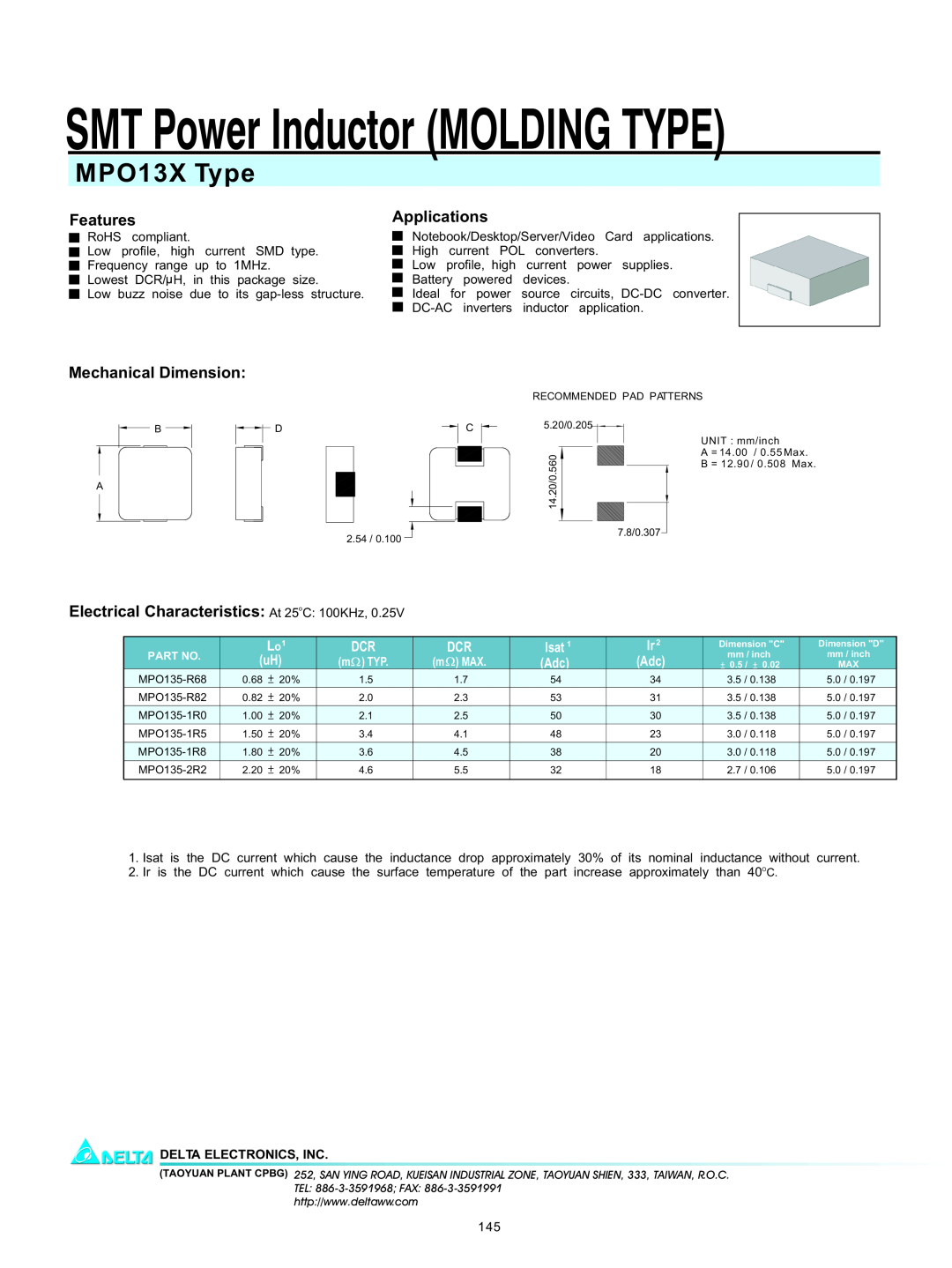 Delta Electronics manual SMT Power Inductor MOLDING TYPE, MPO13X Type, Features, Applications, Mechanical Dimension 