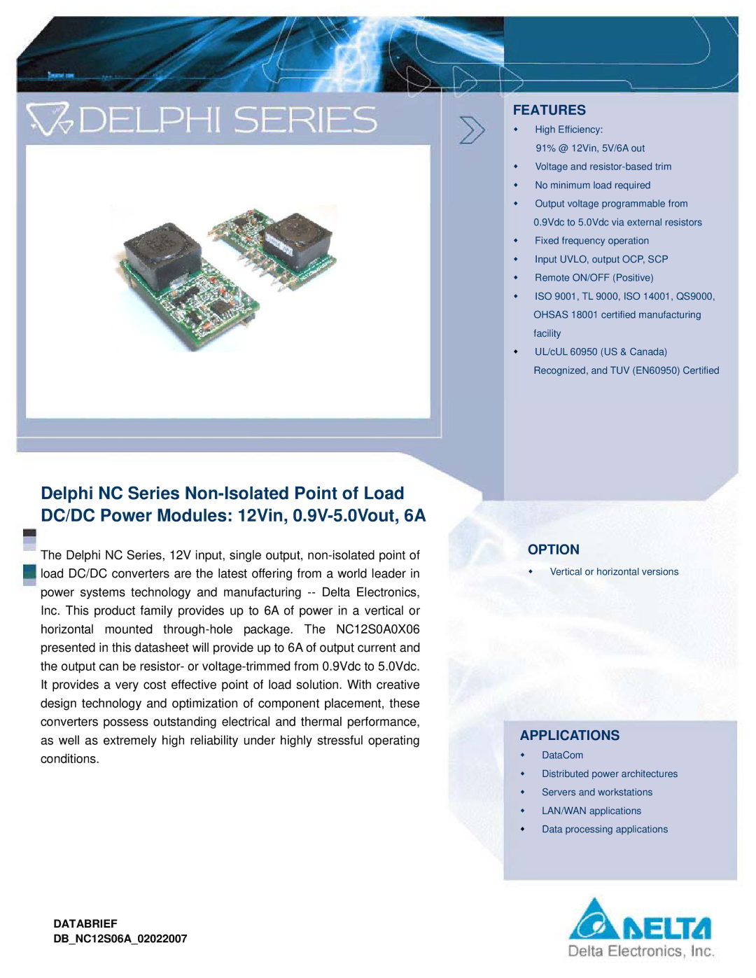 Delta Electronics NC Series manual Features, Option, Applications, Databrief 