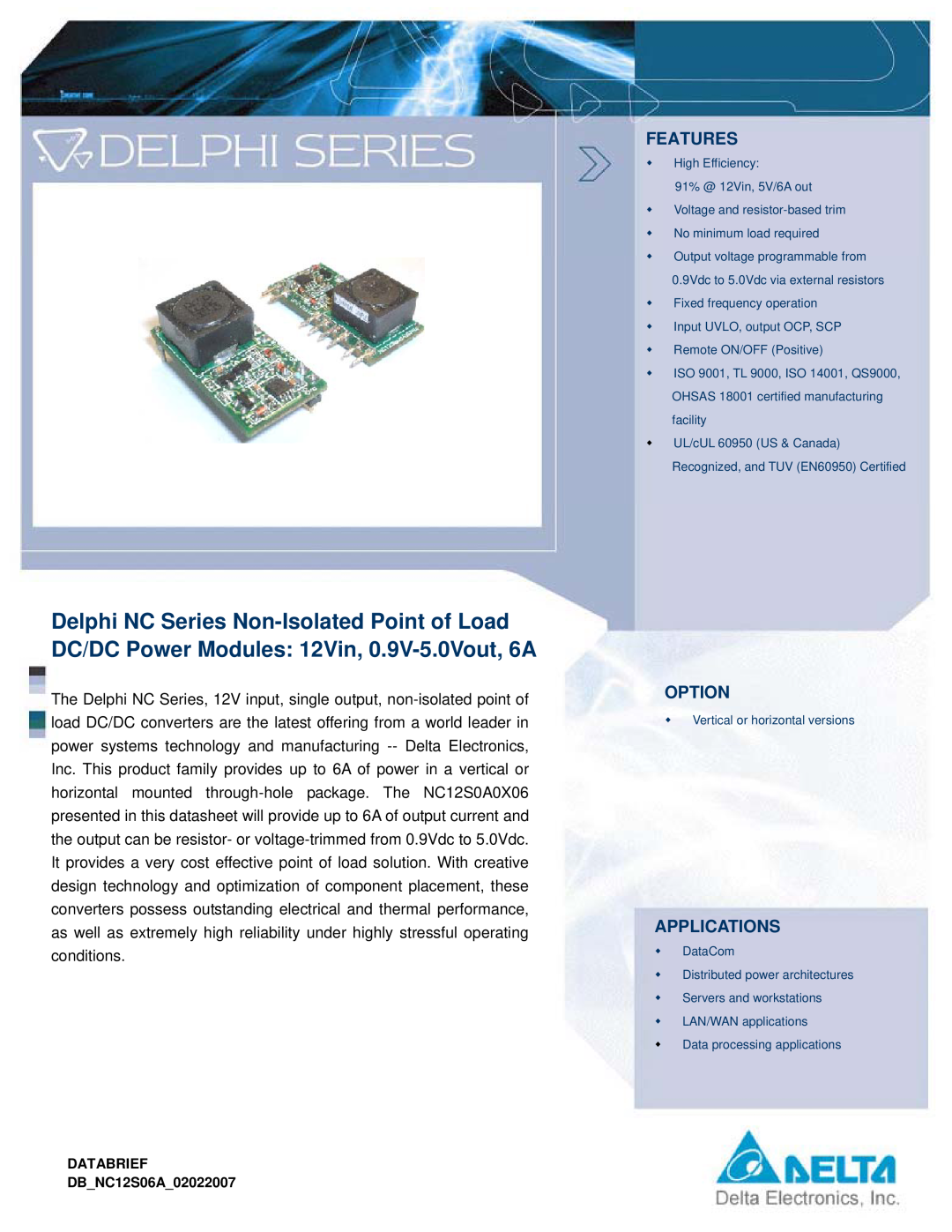 Delta Electronics NC Series manual Features, Option, Applications, DATABRIEF DBNC12S06A02022007 
