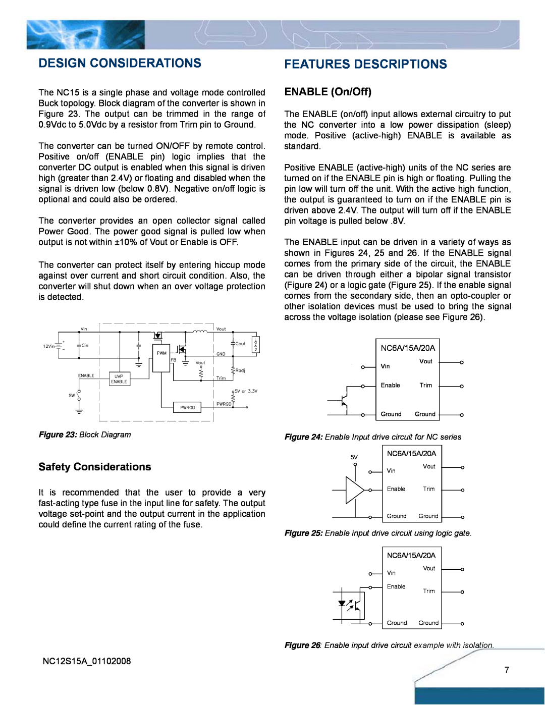 Delta Electronics NC15 Series manual Design Considerations, Features Descriptions, ENABLE On/Off, Safety Considerations 