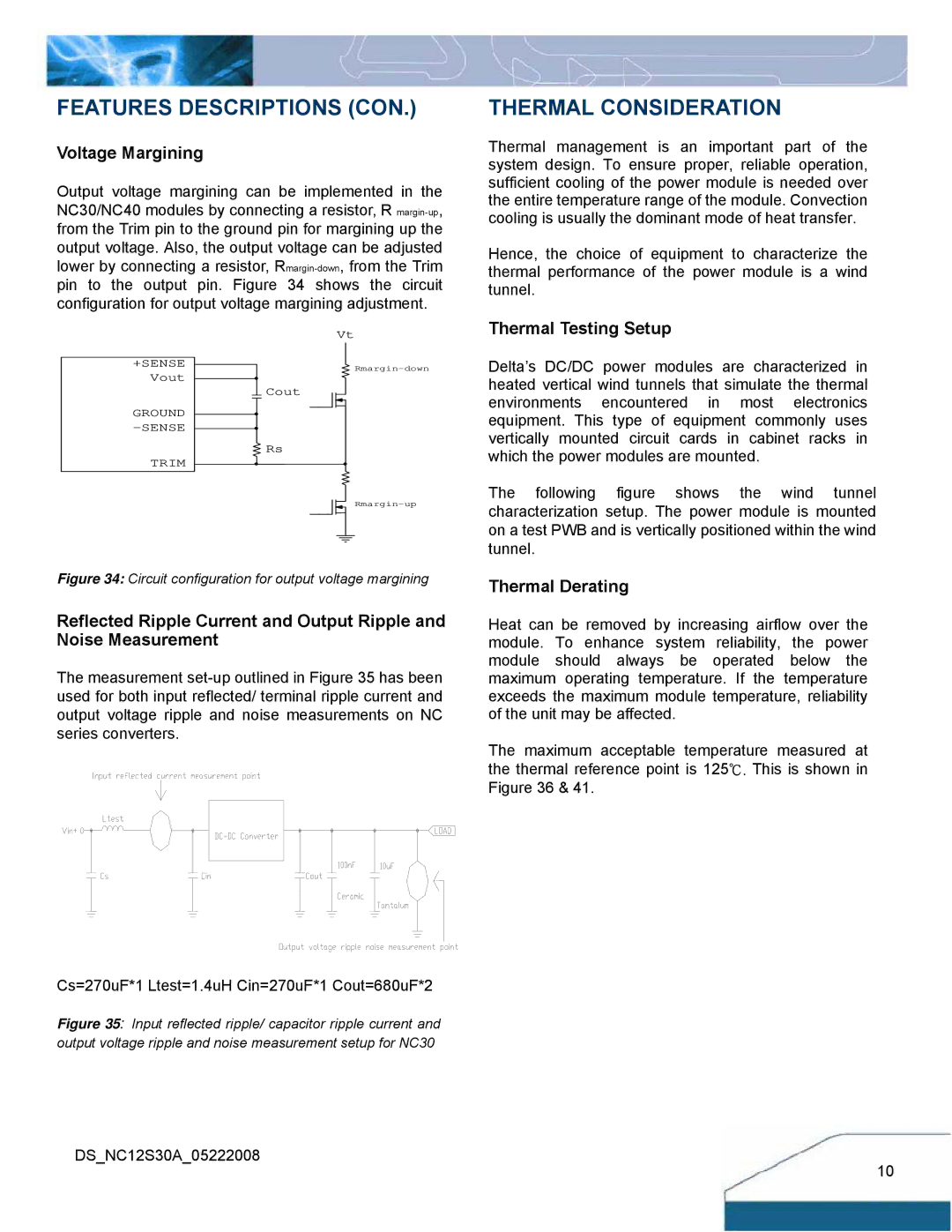 Delta Electronics NC30 manual Thermal Consideration, Voltage Margining, Thermal Testing Setup, Thermal Derating 