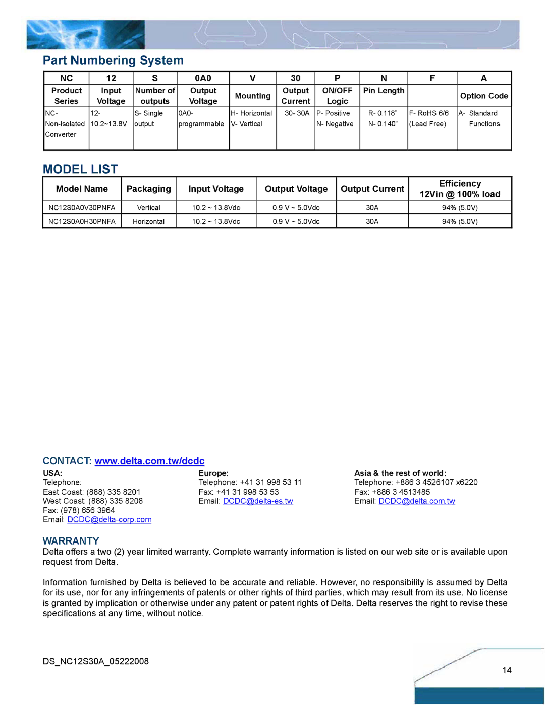 Delta Electronics NC30 manual Model List, 0A0, Efficiency 12Vin @ 100% load 