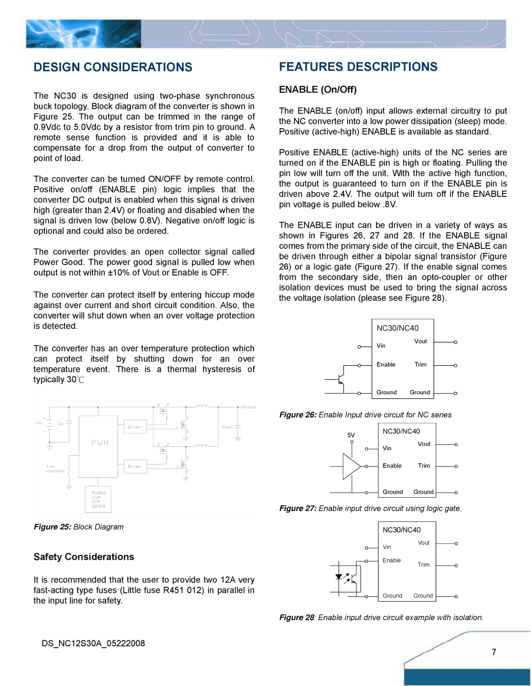 Delta Electronics NC30 manual Design Considerations, Features Descriptions, Enable On/Off, Safety Considerations 