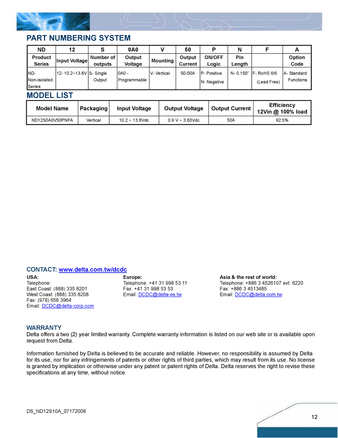 Delta Electronics ND Series manual Part Numbering System, Model List 