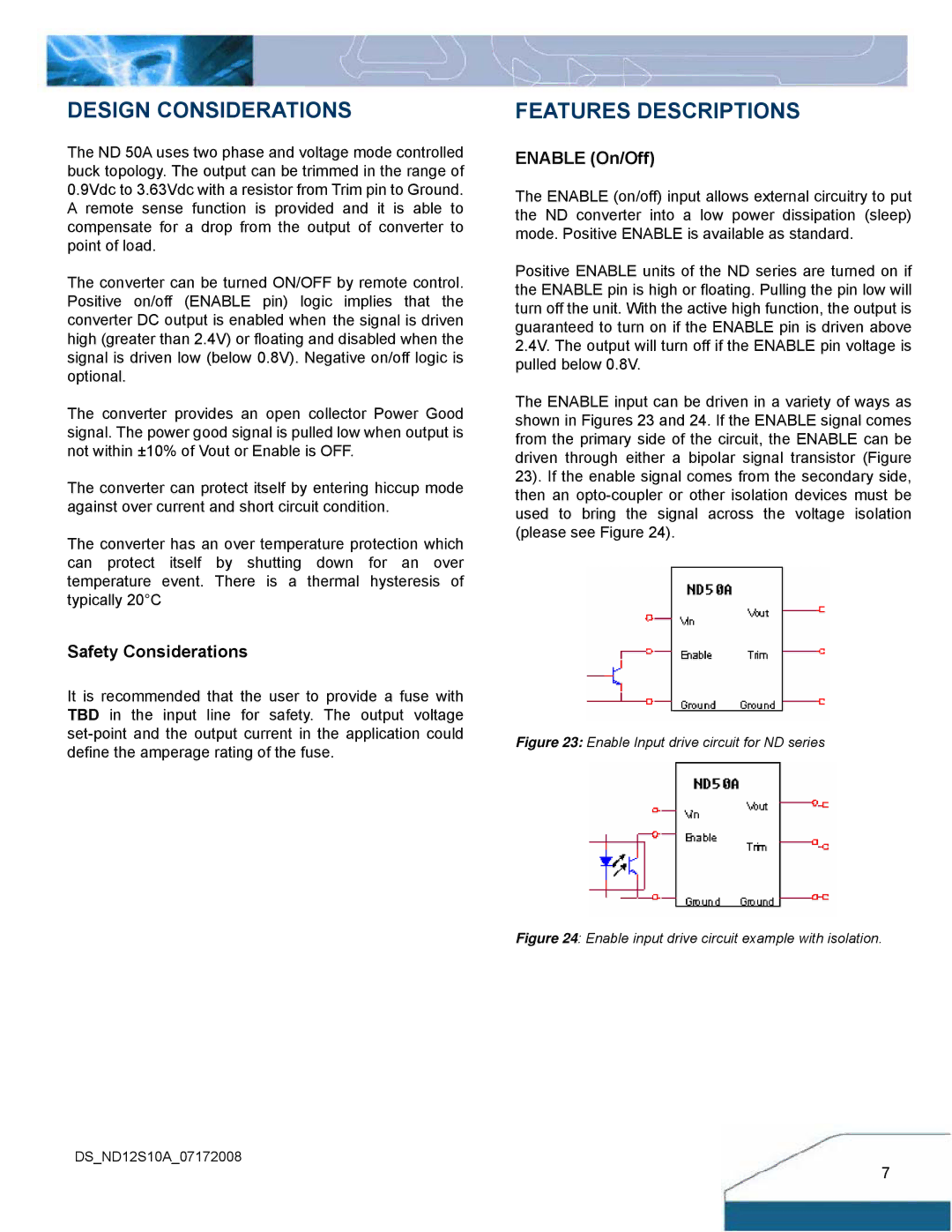 Delta Electronics ND Series manual Design Considerations, Features Descriptions, Safety Considerations, Enable On/Off 