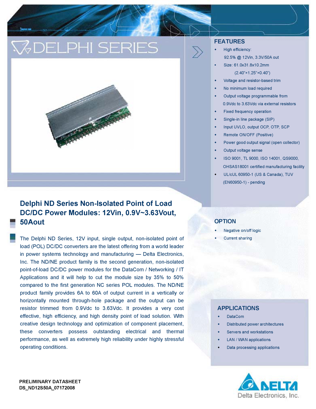 Delta Electronics ND Series manual Features, Option, Applications, PRELIMINARY DATASHEET DSND12S50A07172008 