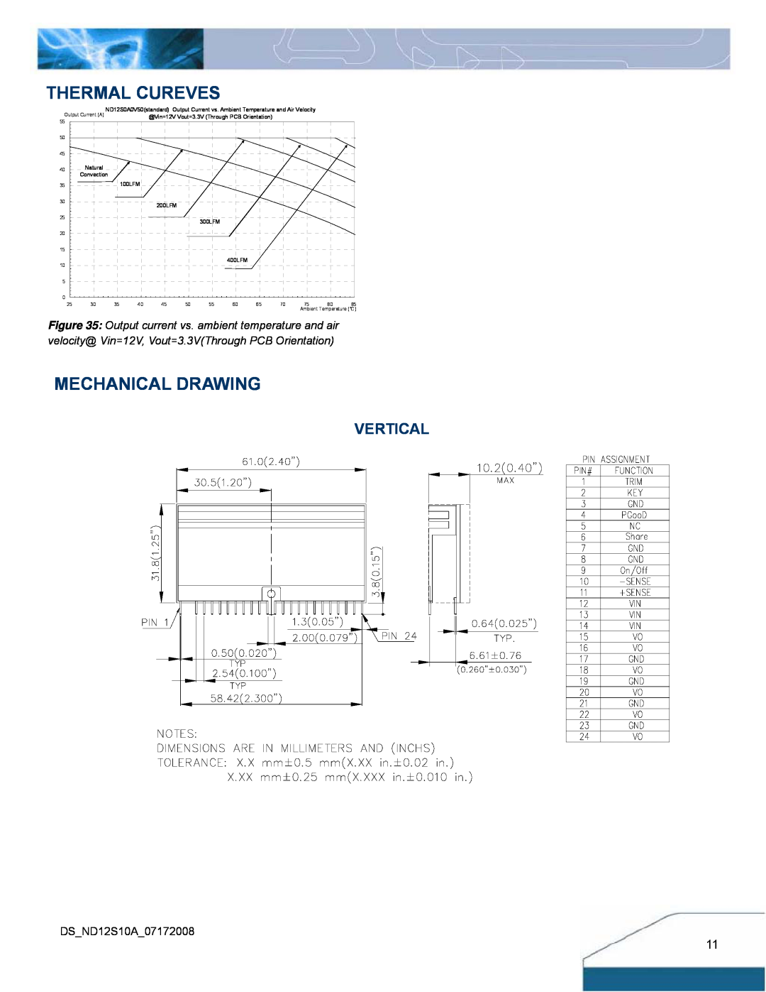 Delta Electronics ND Series manual Thermal Cureves, Mechanical Drawing, Vertical, DSND12S10A07172008, Output Current A 