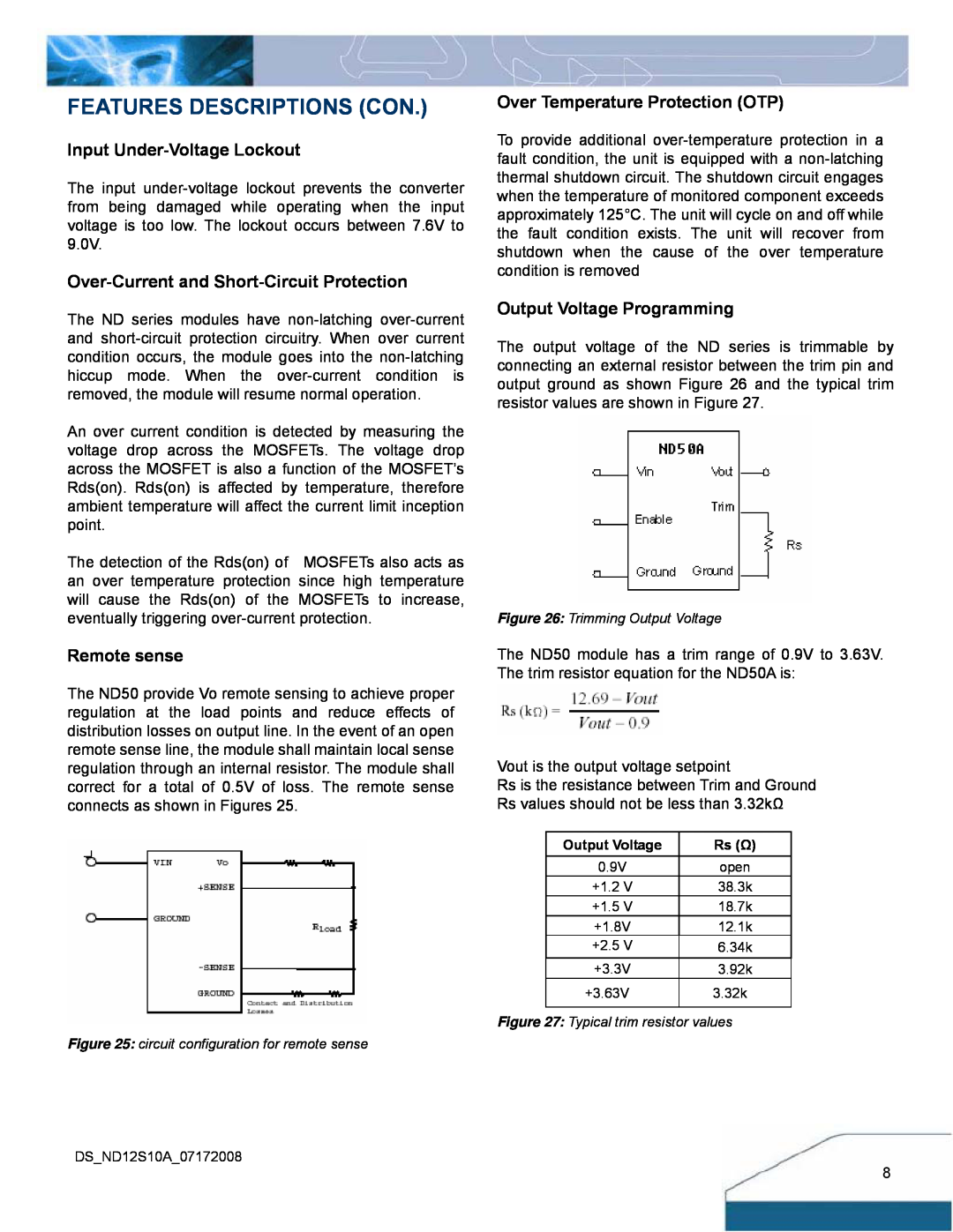 Delta Electronics ND Series manual Features Descriptions Con, Input Under-Voltage Lockout, Remote sense 