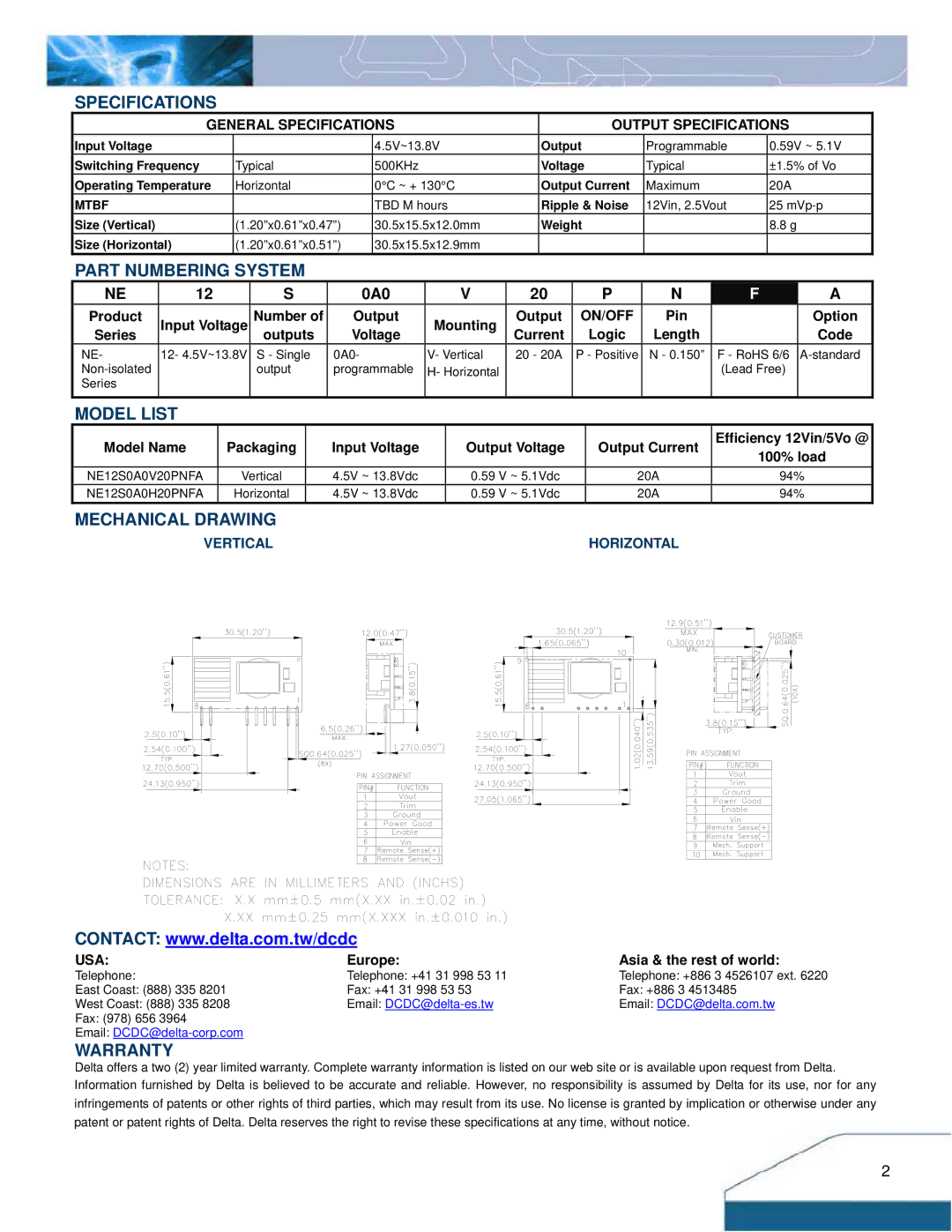 Delta Electronics NE Series manual Specifications, Part Numbering System, Model List, Mechanical Drawing, Warranty 