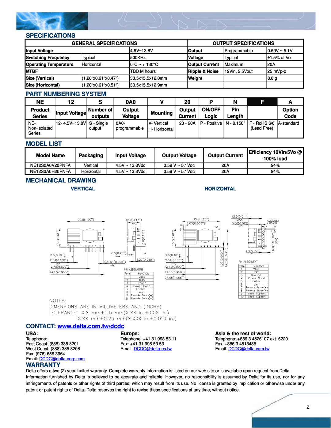 Delta Electronics NE Series Specifications, Part Numbering System, Model List, Mechanical Drawing, Warranty, Vertical 