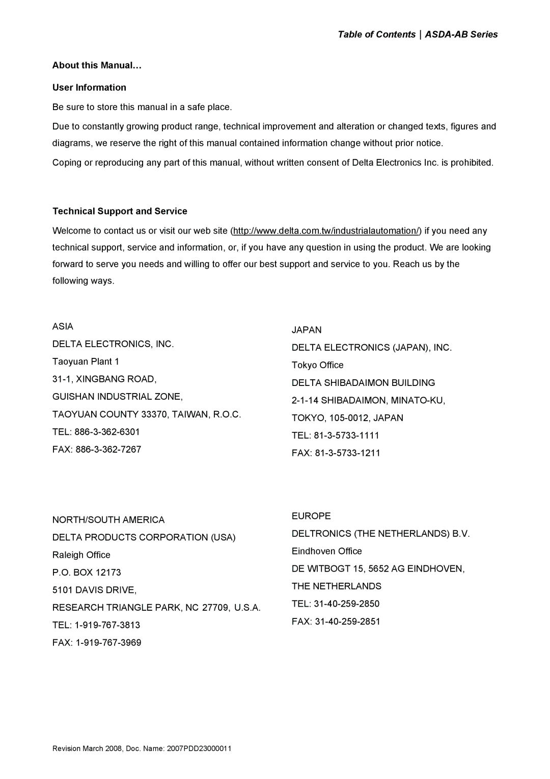 Delta Electronics none manual About this Manual… User Information, Technical Support and Service 