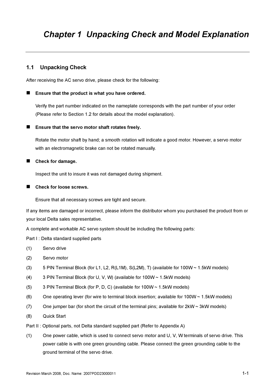 Delta Electronics none manual Unpacking Check, „ Ensure that the product is what you have ordered, „ Check for damage 